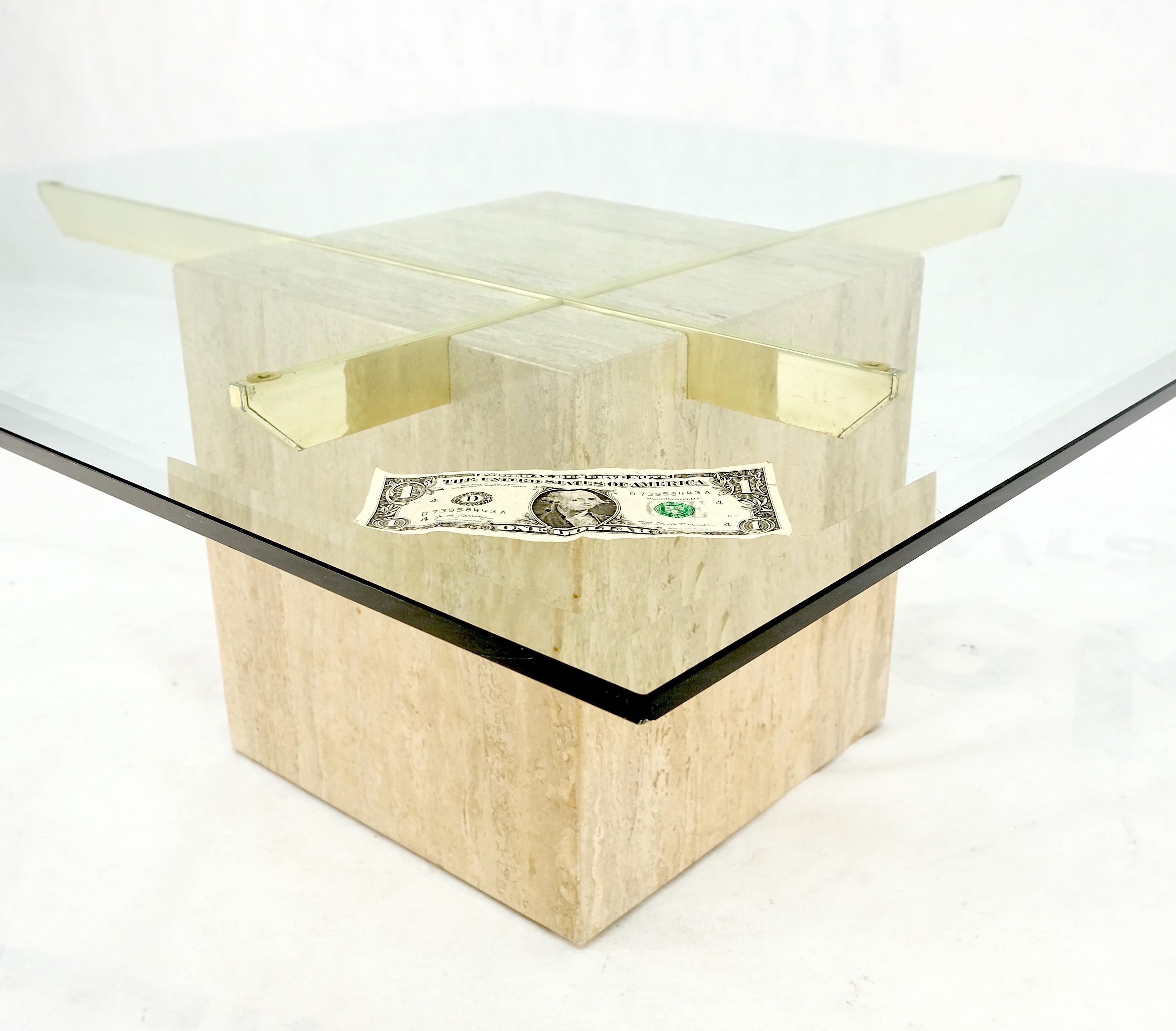 Brass Travertine Base Glass Top Square Mid-Century Modern Coffee Center Table For Sale 4