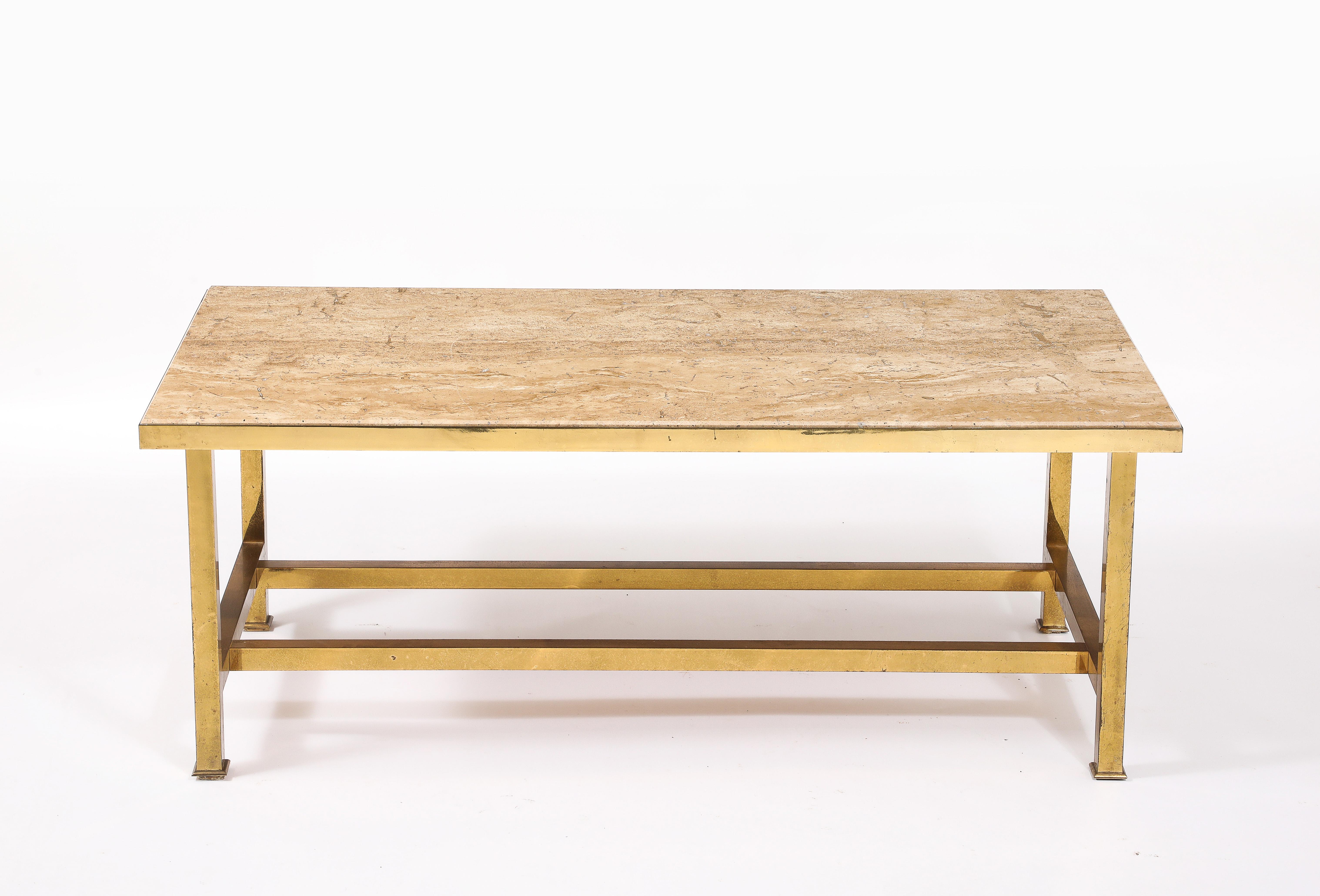 Table basse simple en laiton avec un plateau en travertin brun encastré