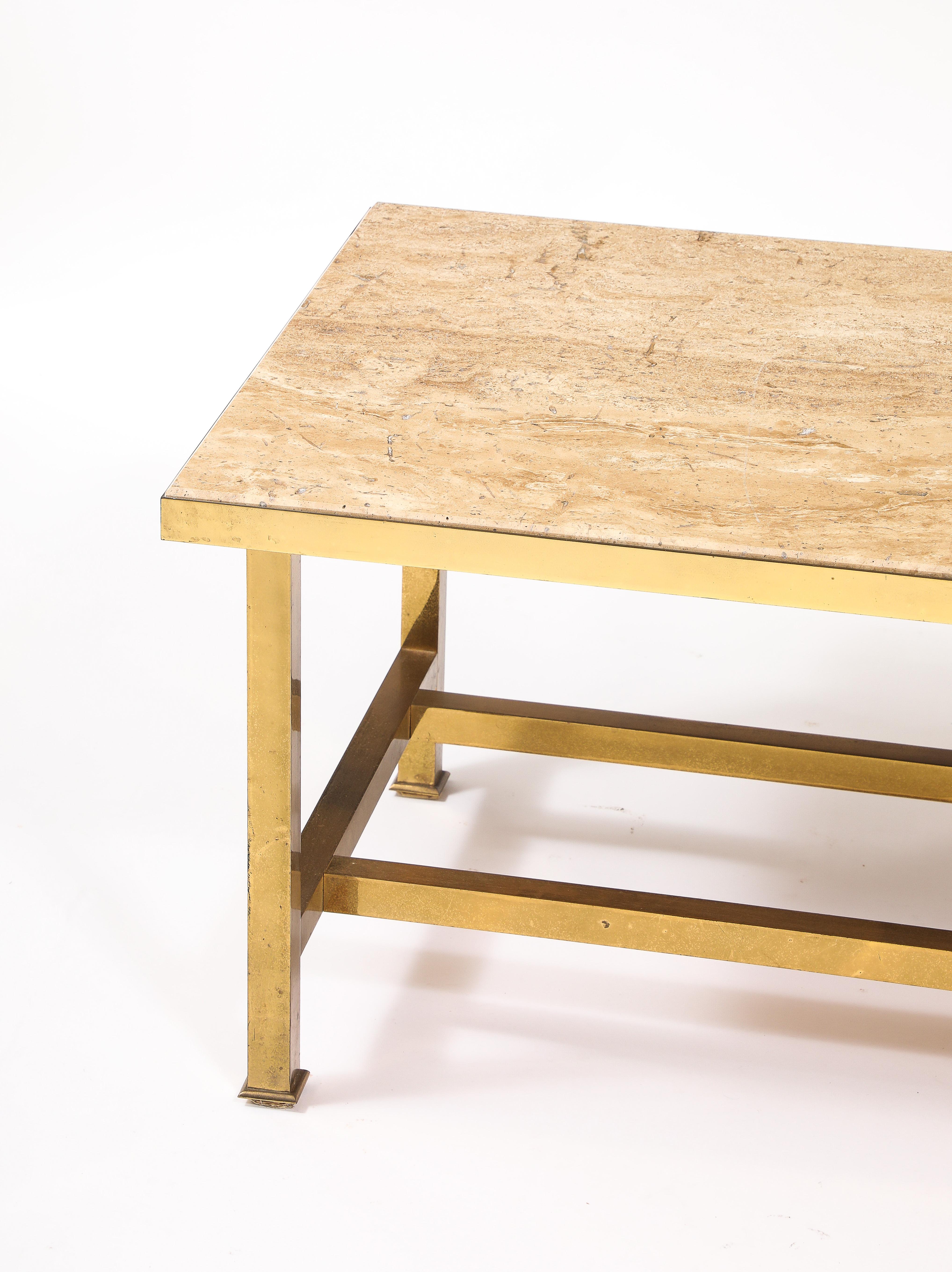 Mid-Century Modern Table basse en laiton et travertin, France, années 1960 en vente