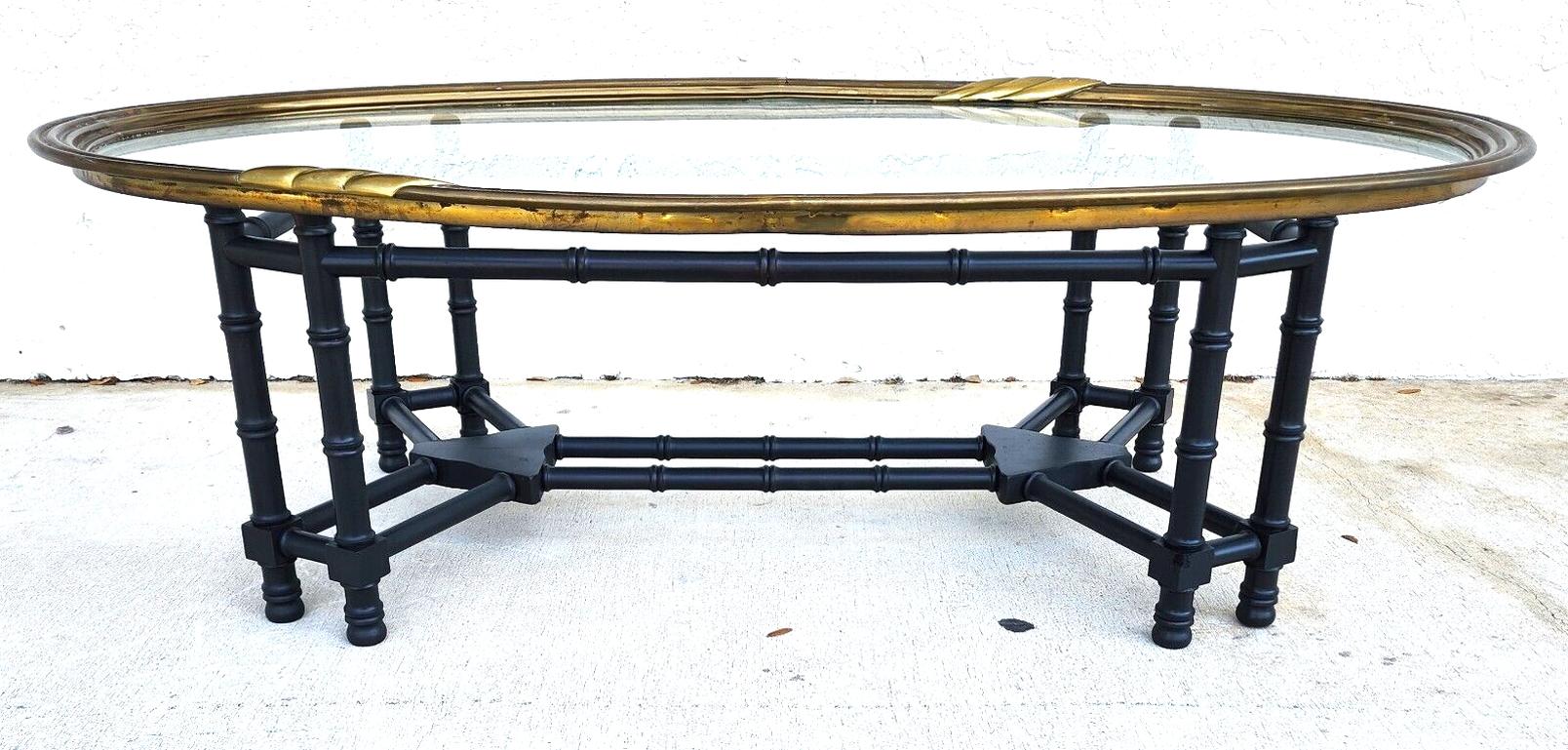 Late 20th Century Brass Tray Coffee Table Bamboo Glass  For Sale