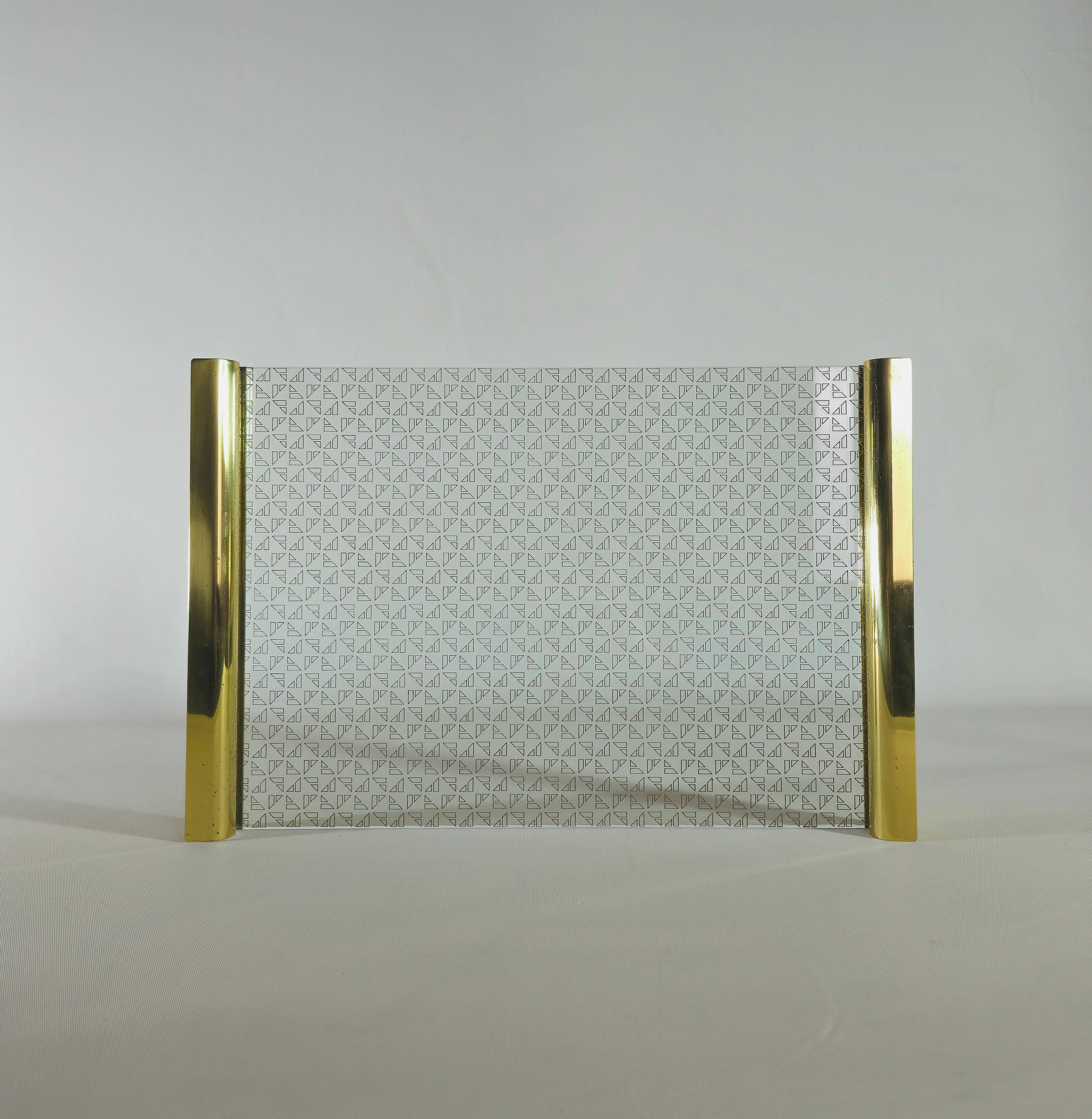 Brass Tray Table Decorated Glass Rectangular Midcentury Italian Design 1970s For Sale 2