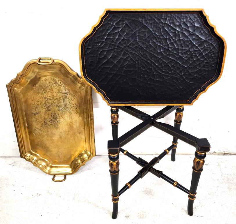For FULL item description click on CONTINUE READING at the bottom of this page.

Offering One Of Our Recent Palm Beach Estate Fine Furniture Acquisitions Of A
Vintage dual tray regency Chinoiserie Asian serving cocktail table
solid brass tray is