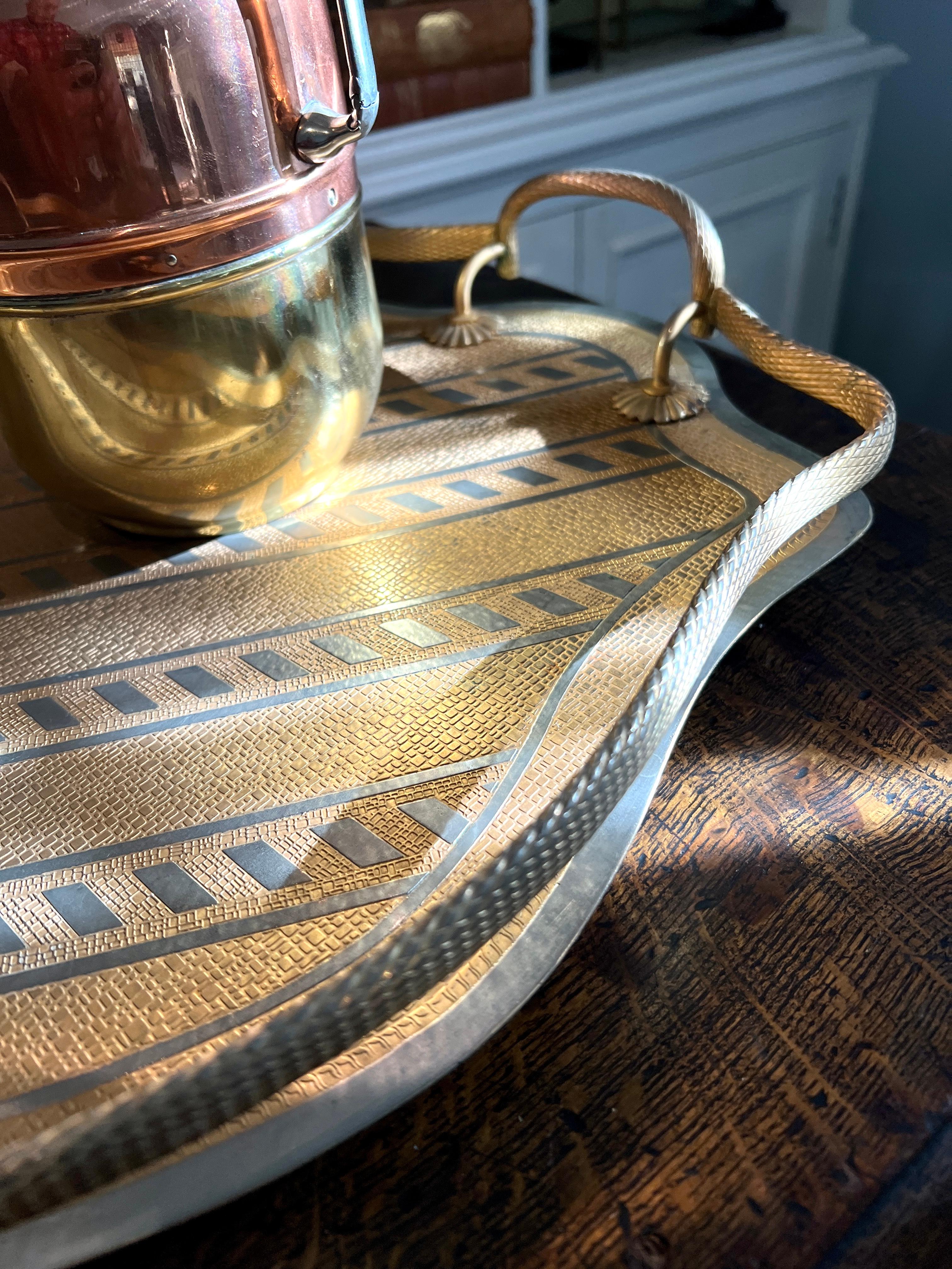 Brass Tray Twisted Brass Gallery and Alternating Polished and Brushed Stripes For Sale 6