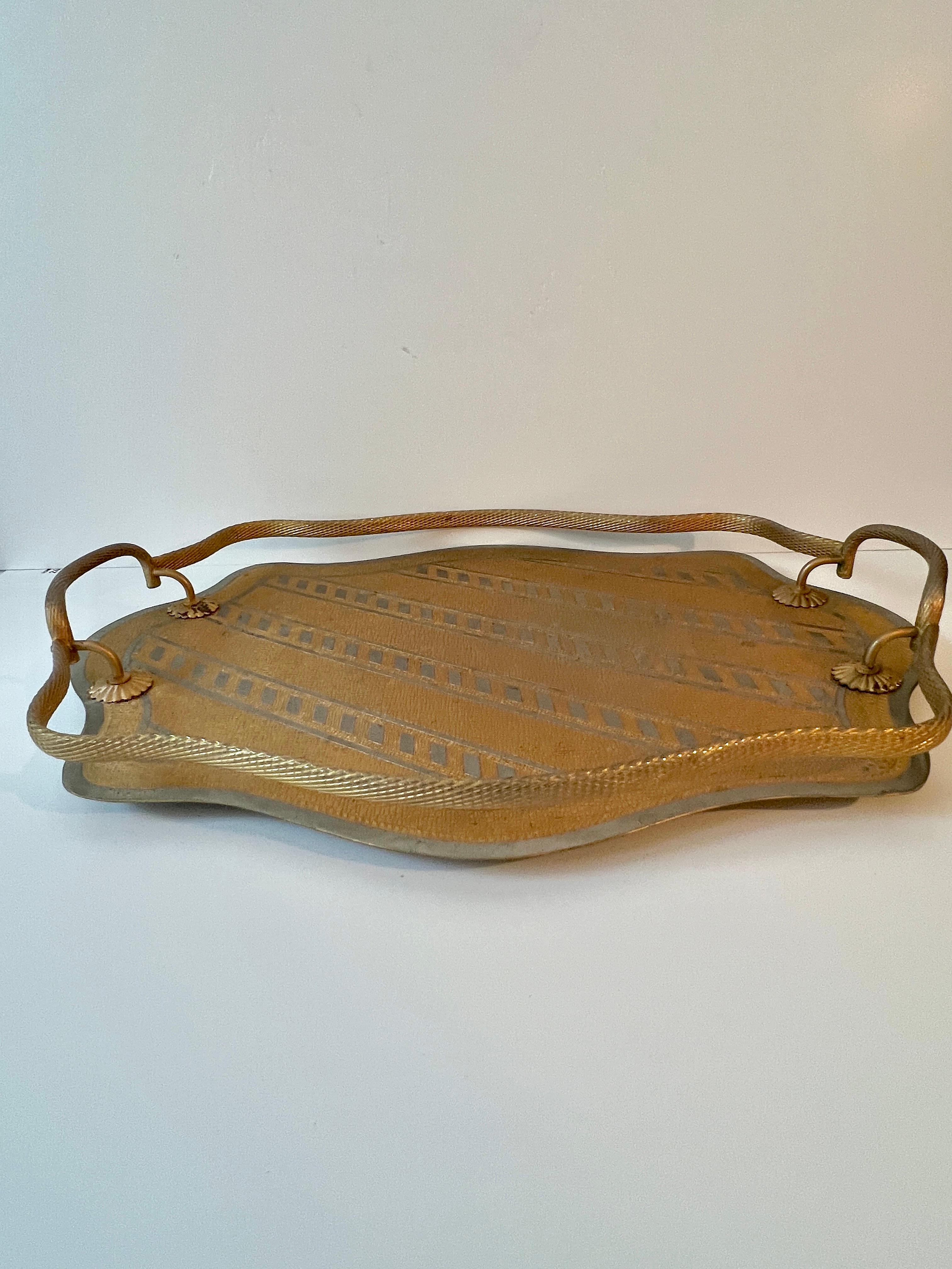 Mid-Century Modern Brass Tray Twisted Brass Gallery and Alternating Polished and Brushed Stripes For Sale
