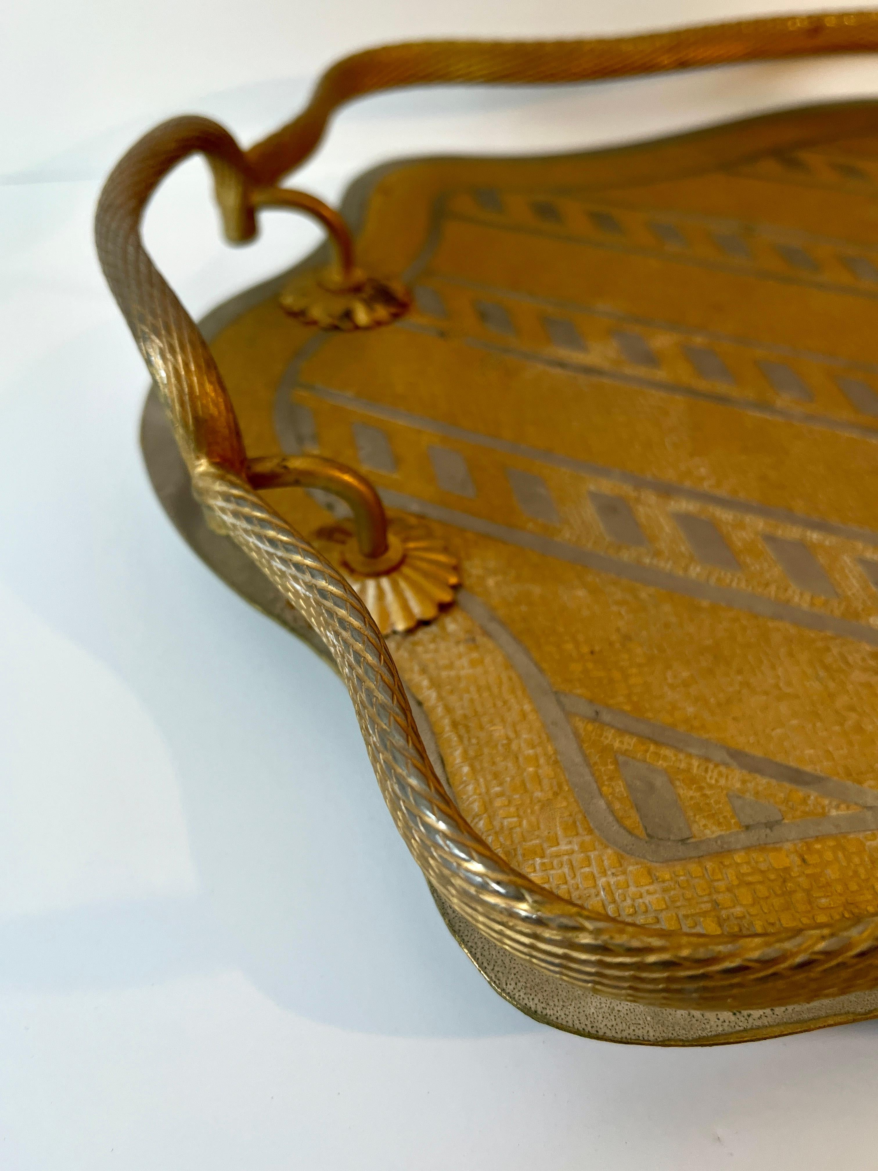 Brass Tray Twisted Brass Gallery and Alternating Polished and Brushed Stripes In Good Condition For Sale In Los Angeles, CA