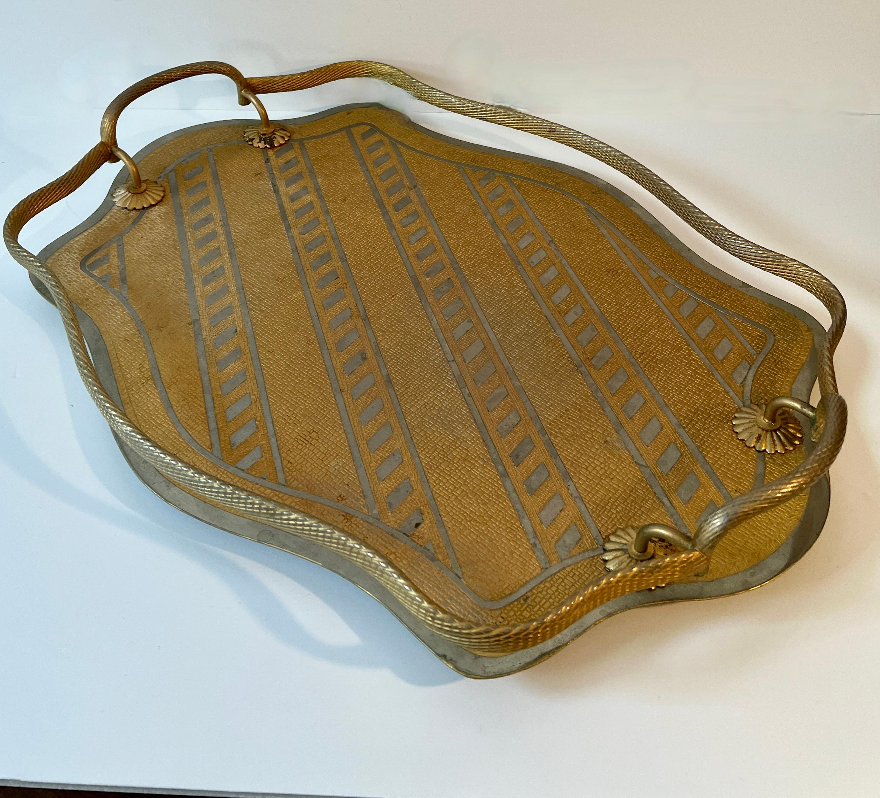 20th Century Brass Tray Twisted Brass Gallery and Alternating Polished and Brushed Stripes For Sale
