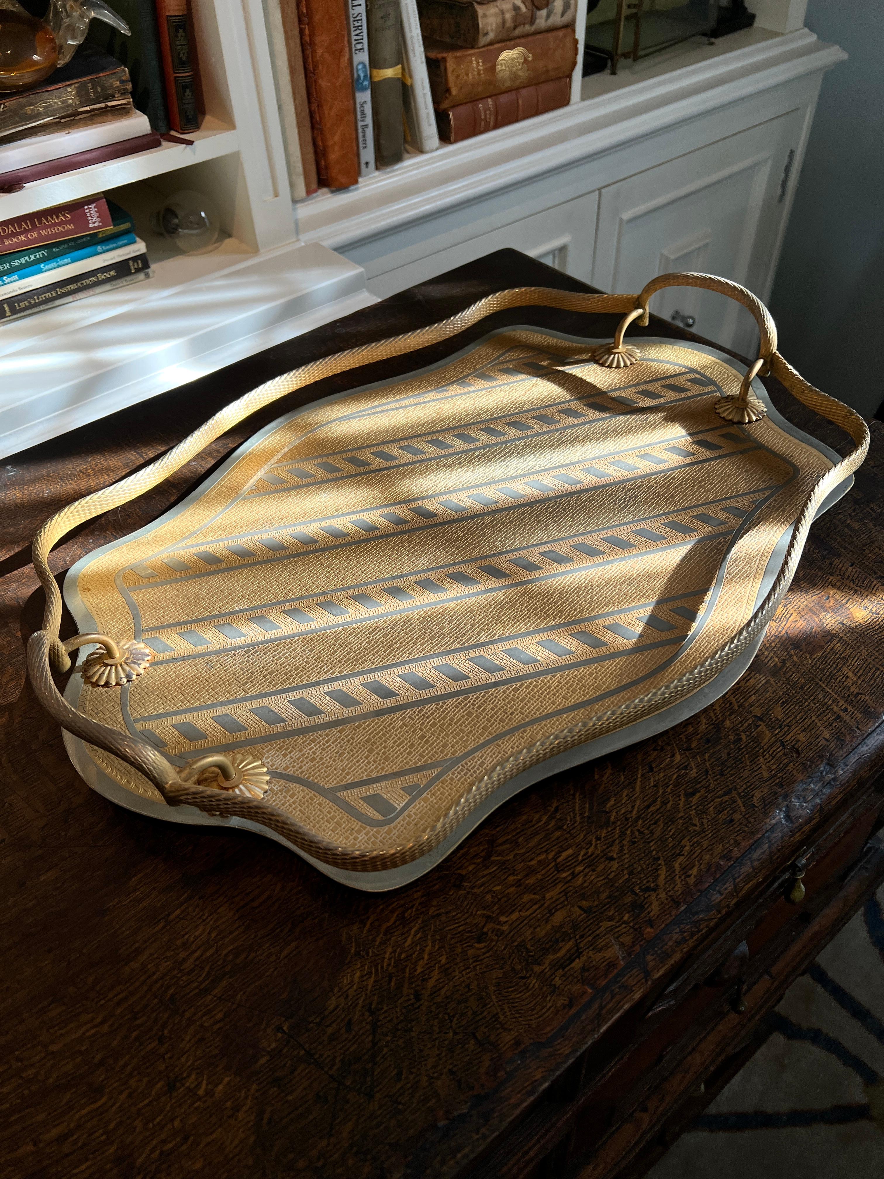 Brass Tray Twisted Brass Gallery and Alternating Polished and Brushed Stripes For Sale 3