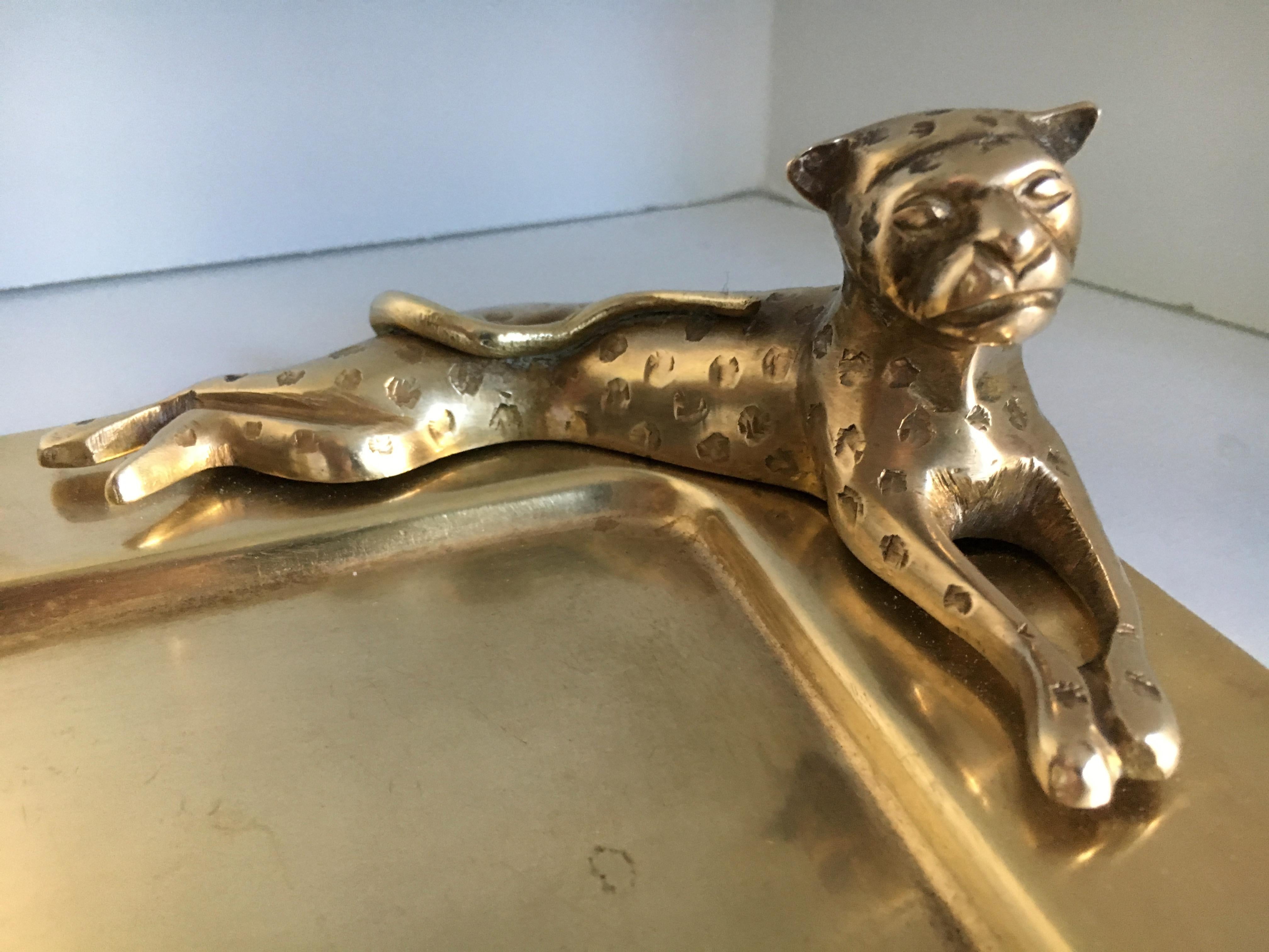 Mid-Century Modern Brass Tray with Cheetah Sculpture