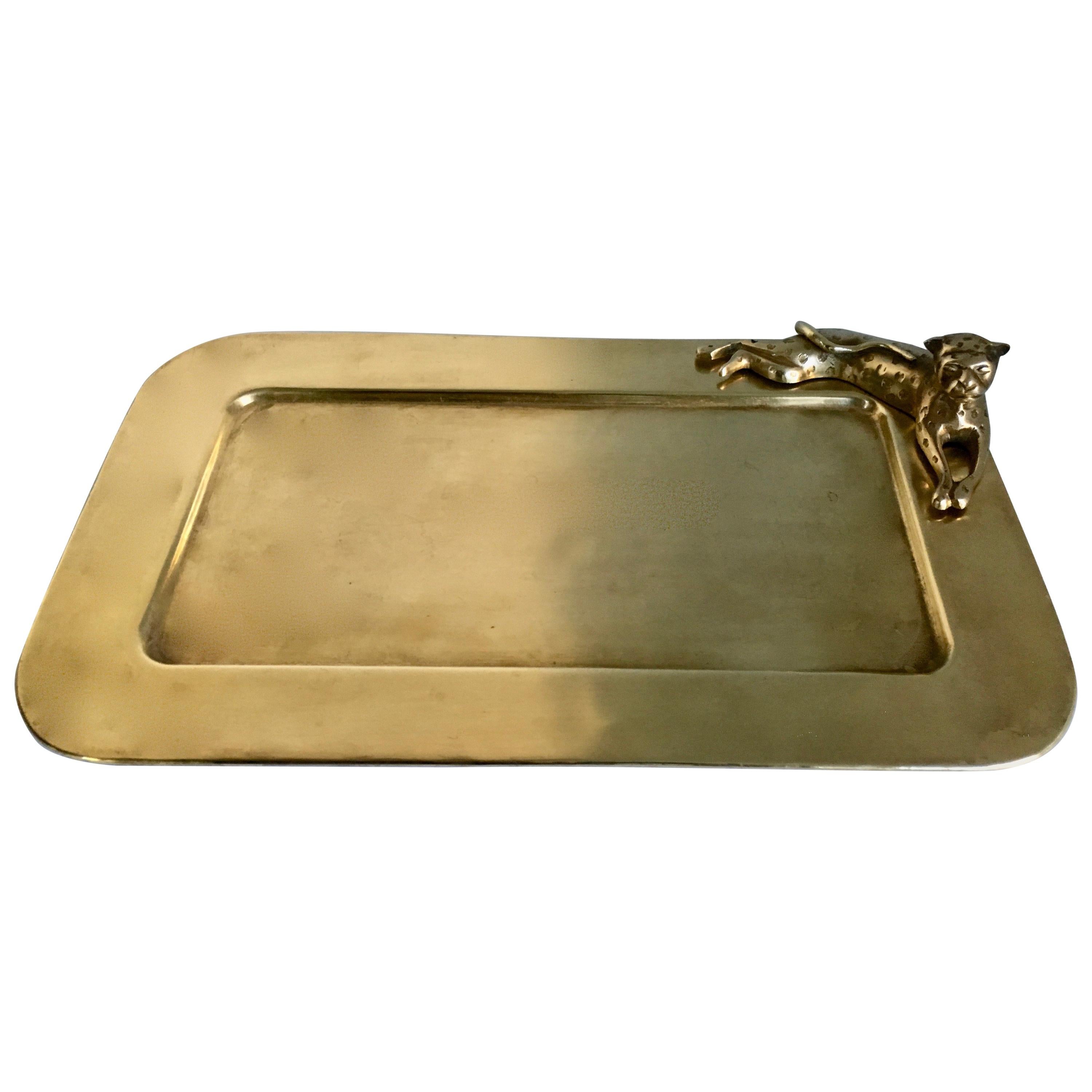 Brass Tray with Cheetah Sculpture
