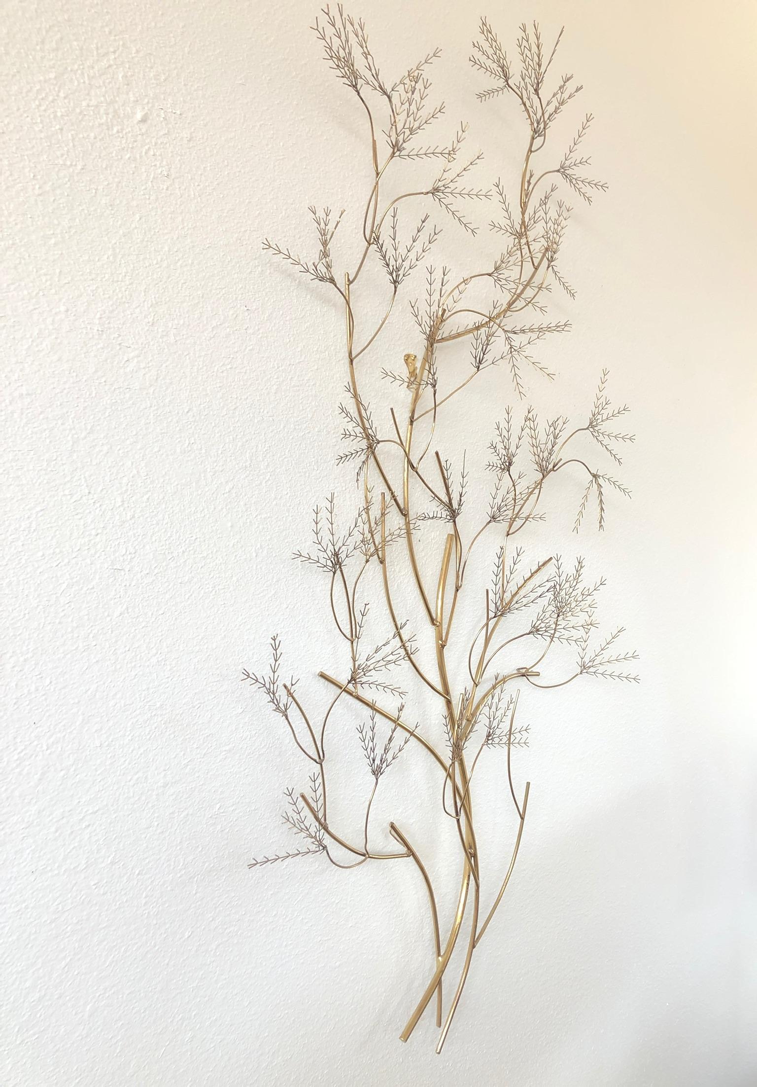 1977 brass tree branch wall sculpture by Curtis Jeré. 
Signed and dated.
Measurements: 55” High, 28” Wide and 6” Deep.