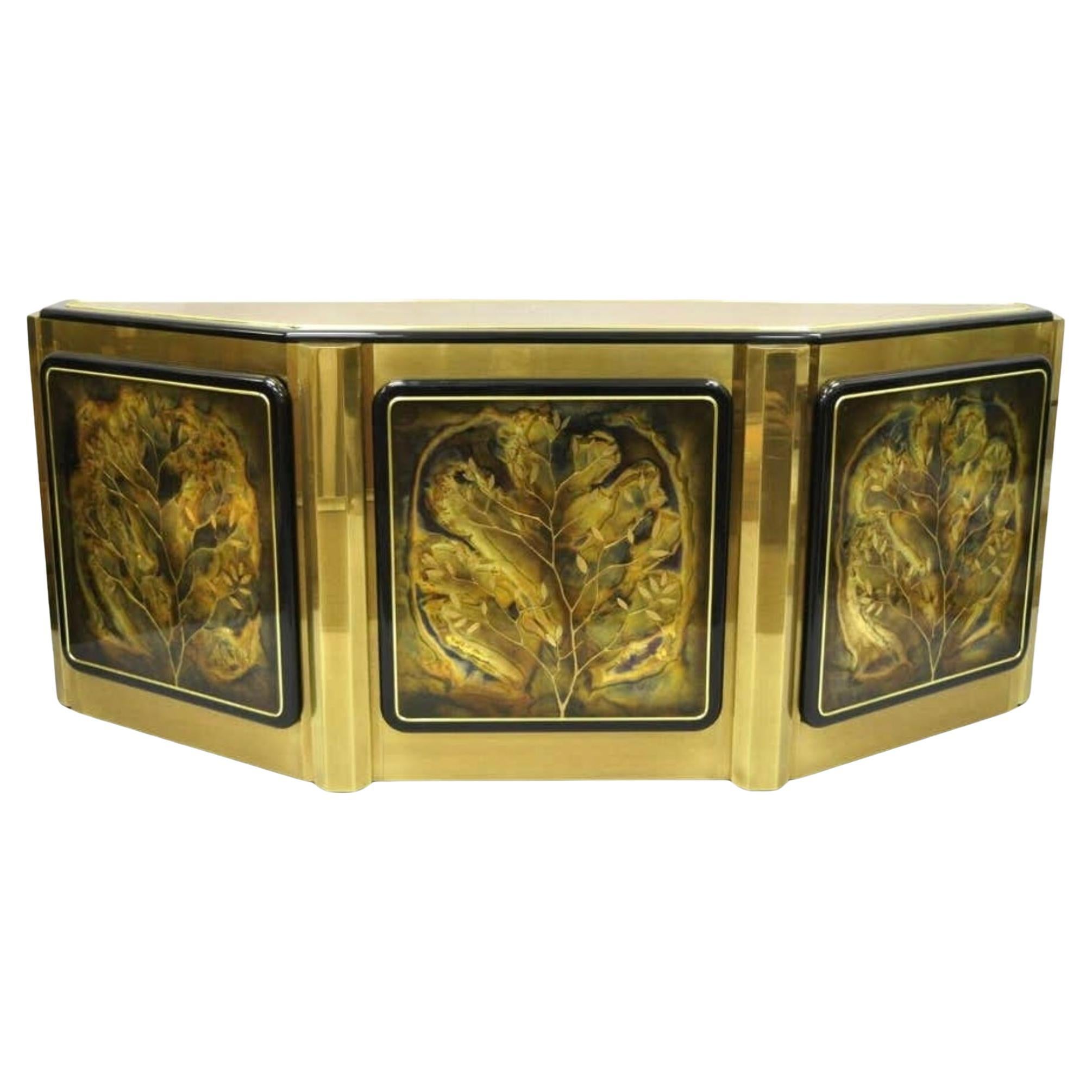 Bernhard Rohne for Mastercraft Brass Tree of Life Credenza Cabinet. Credenza is a striking example of 1970's American design by Mastercraft, a high-end American furniture company. Piece features a richly burnished brass body with an angular