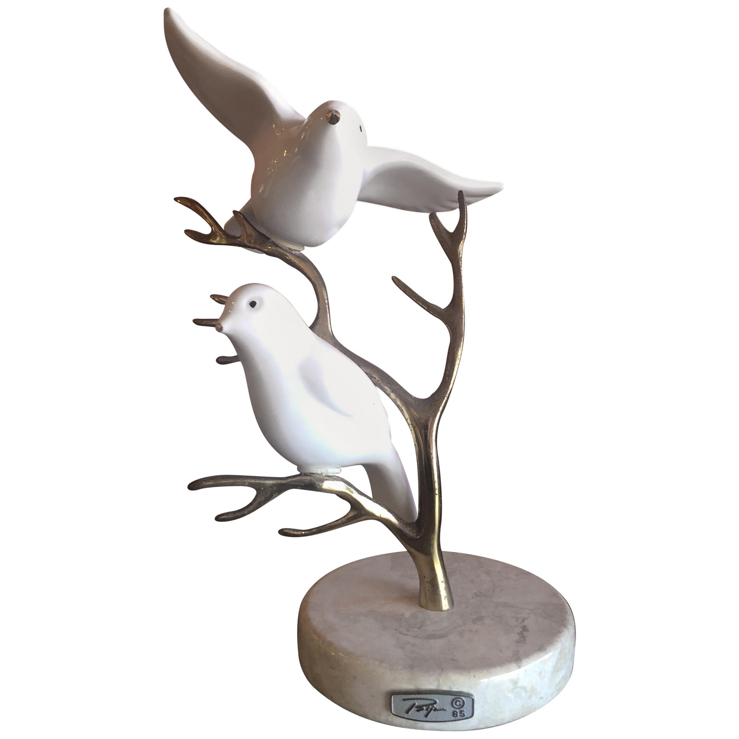 Brass Tree with Ceramic Birds Table Sculpture by Bijan