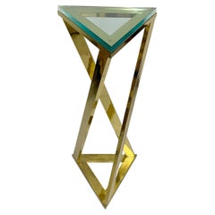 Brass Triangular Pedestal Table with Glass Top