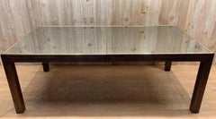 Brass Trim and Etched Smoked Mirror Extending Parsons Dining Table with 2 Leaves