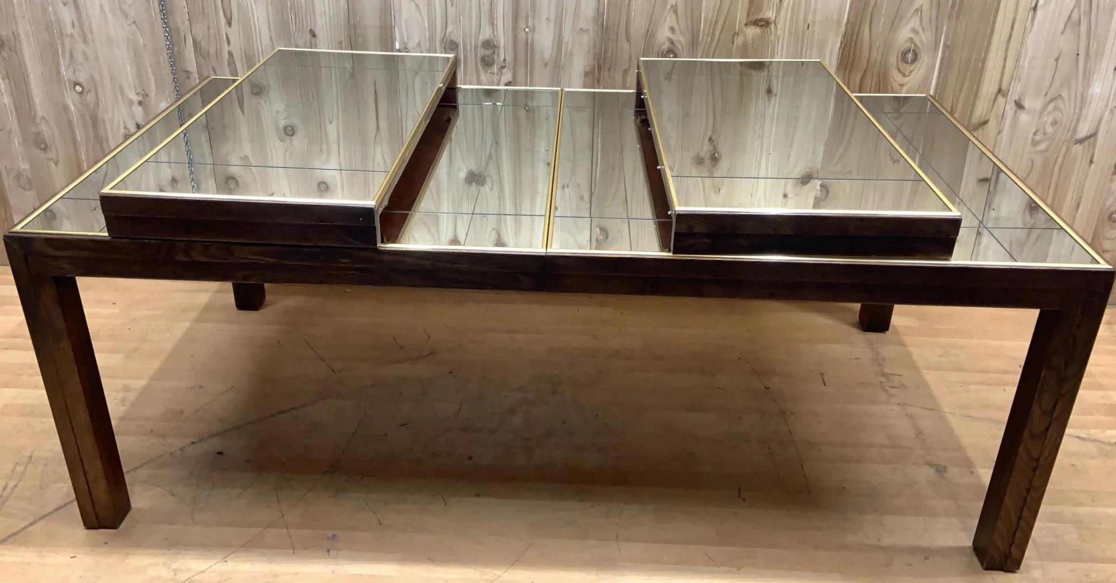 Brass Trim and Etched Smoked Mirror Extending Parsons Dining Table with 2 Leaves In Good Condition In Chicago, IL