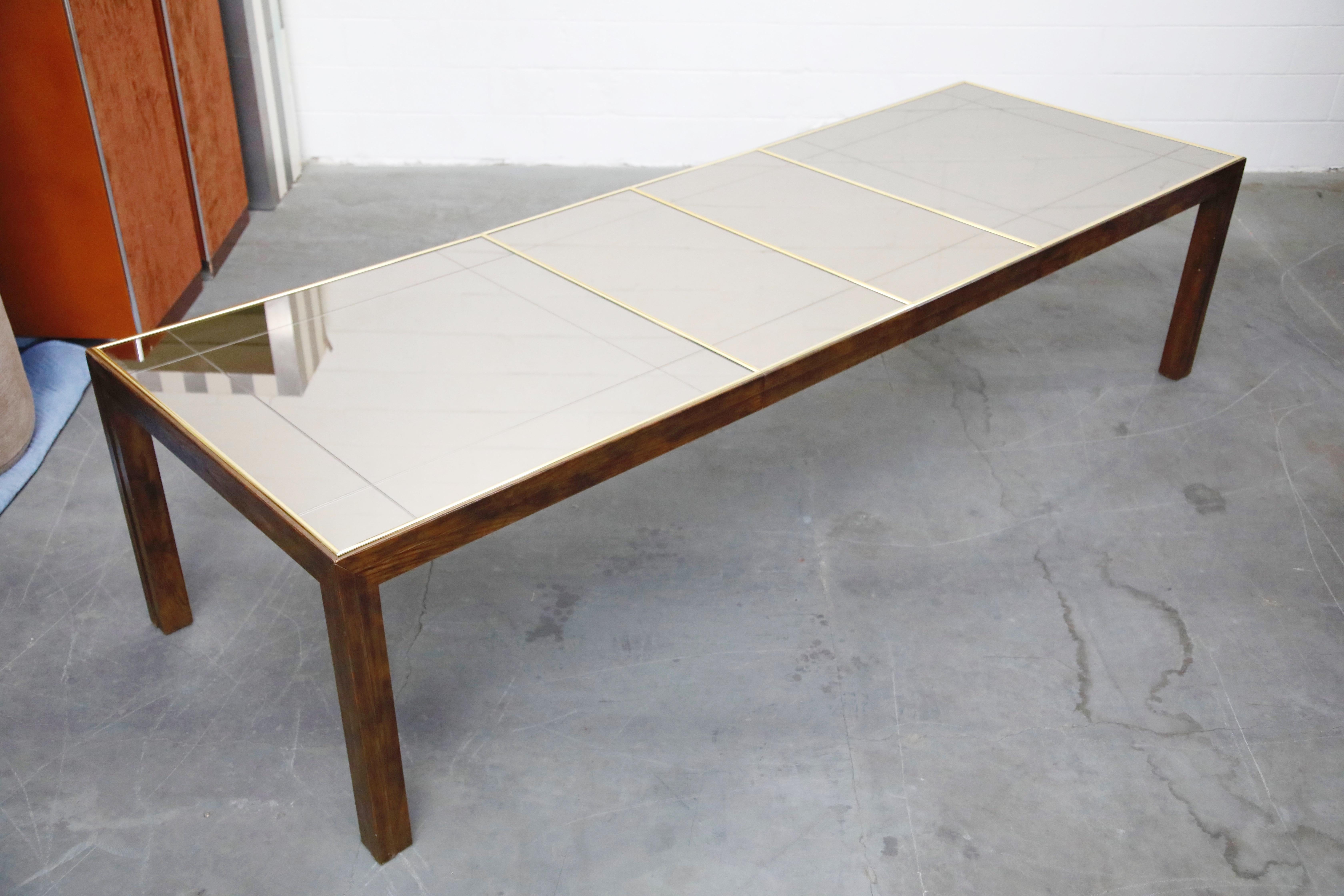 American Brass Trim and Etched Smoked Mirror Parsons Dining Table by Henredon, 1960s