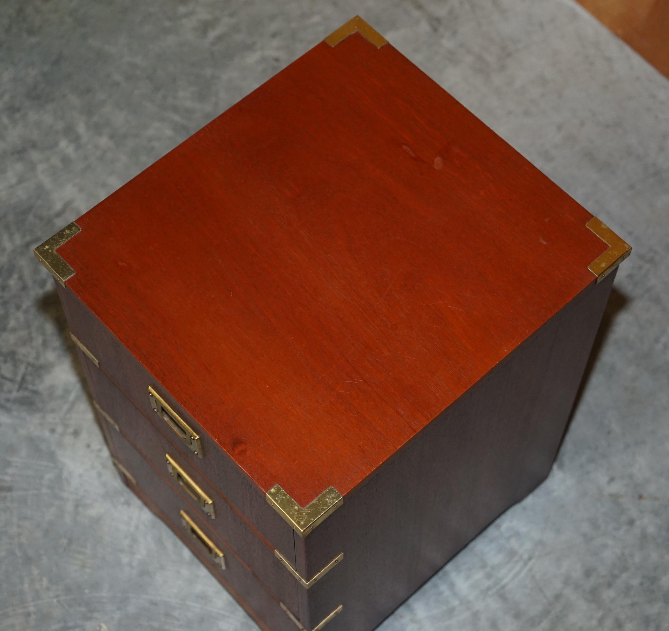 Hand-Crafted Brass Trim Military Campaign Side Table Size Small Chest of Drawers Bedside Lamp