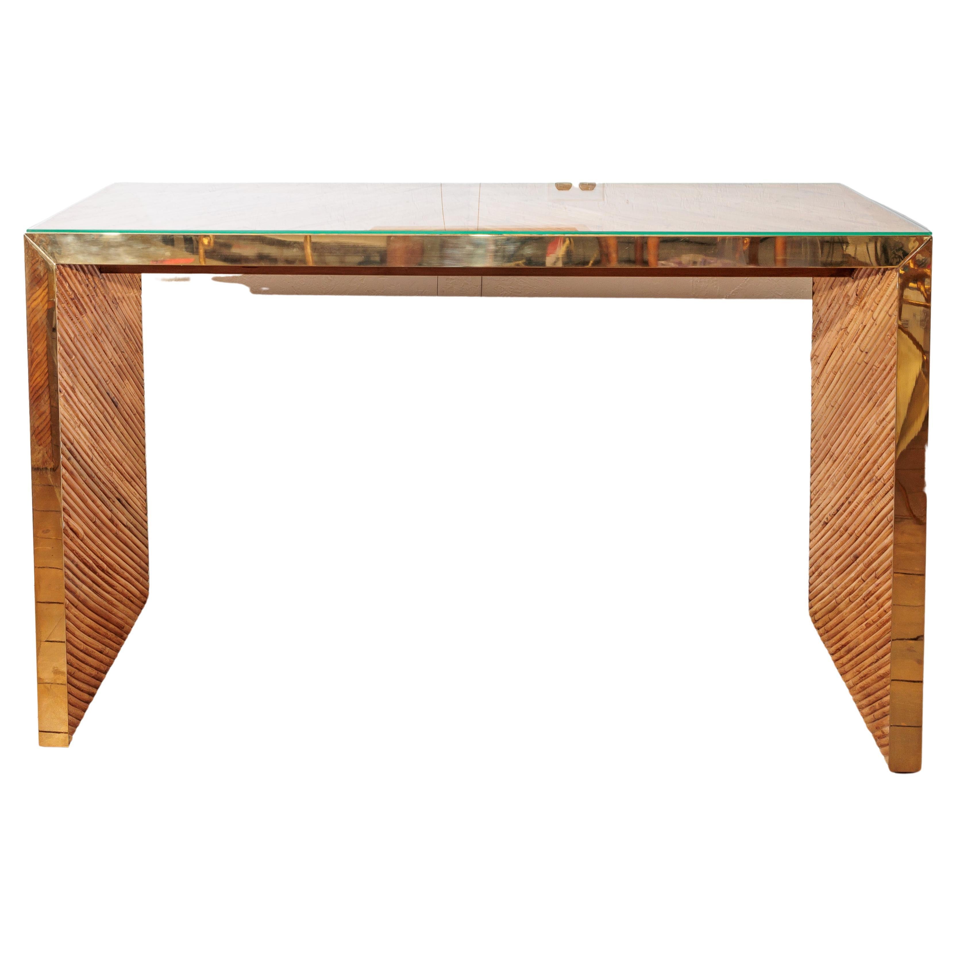 Brass Trimmed Bamboo Waterfall Console with Glass Top For Sale