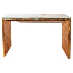 Retro Brass Trimmed Bamboo Waterfall Console with Glass Top