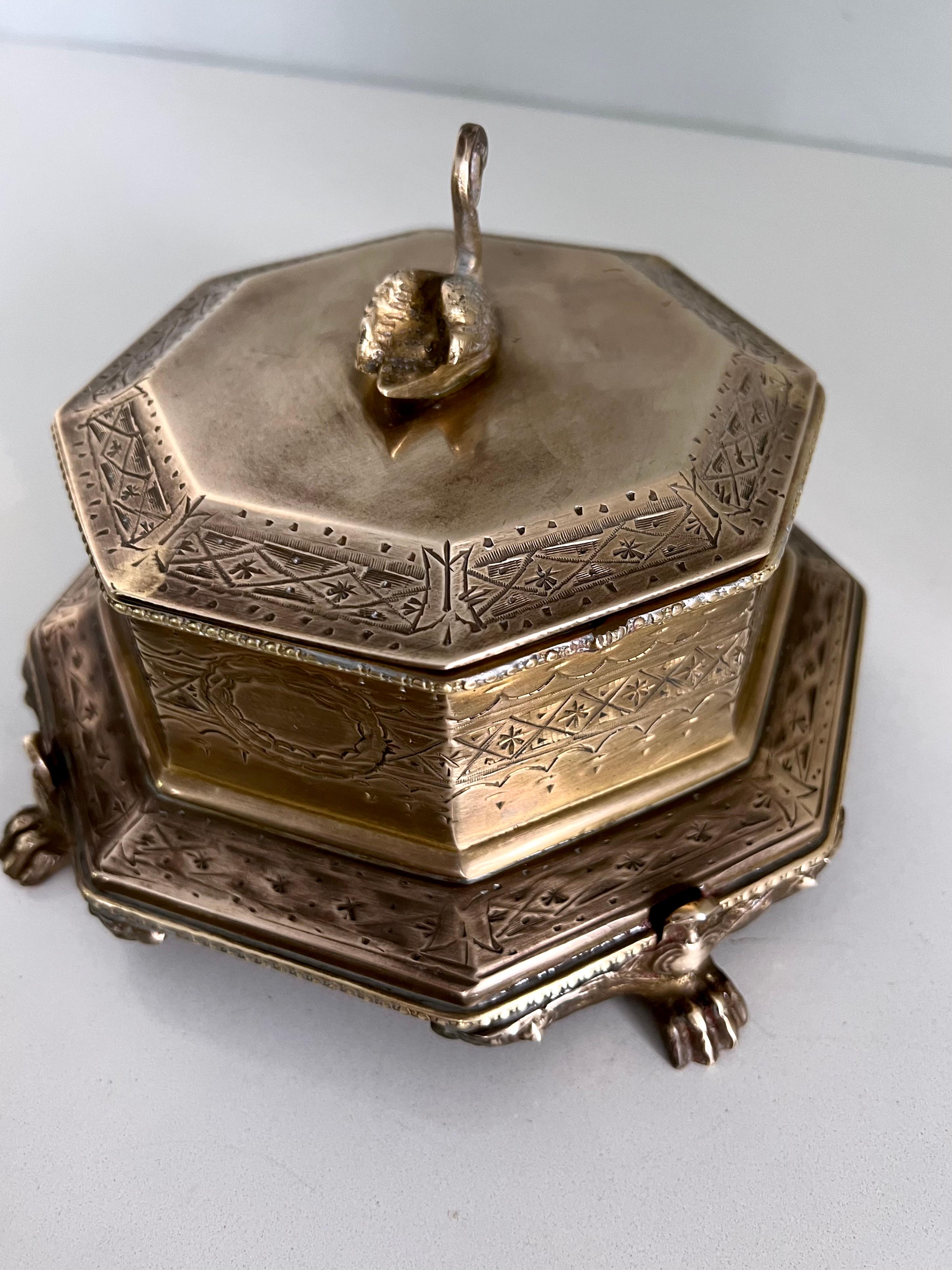 Patinated Brass Trinket Box with Lion Paw Feet and Swan Handle