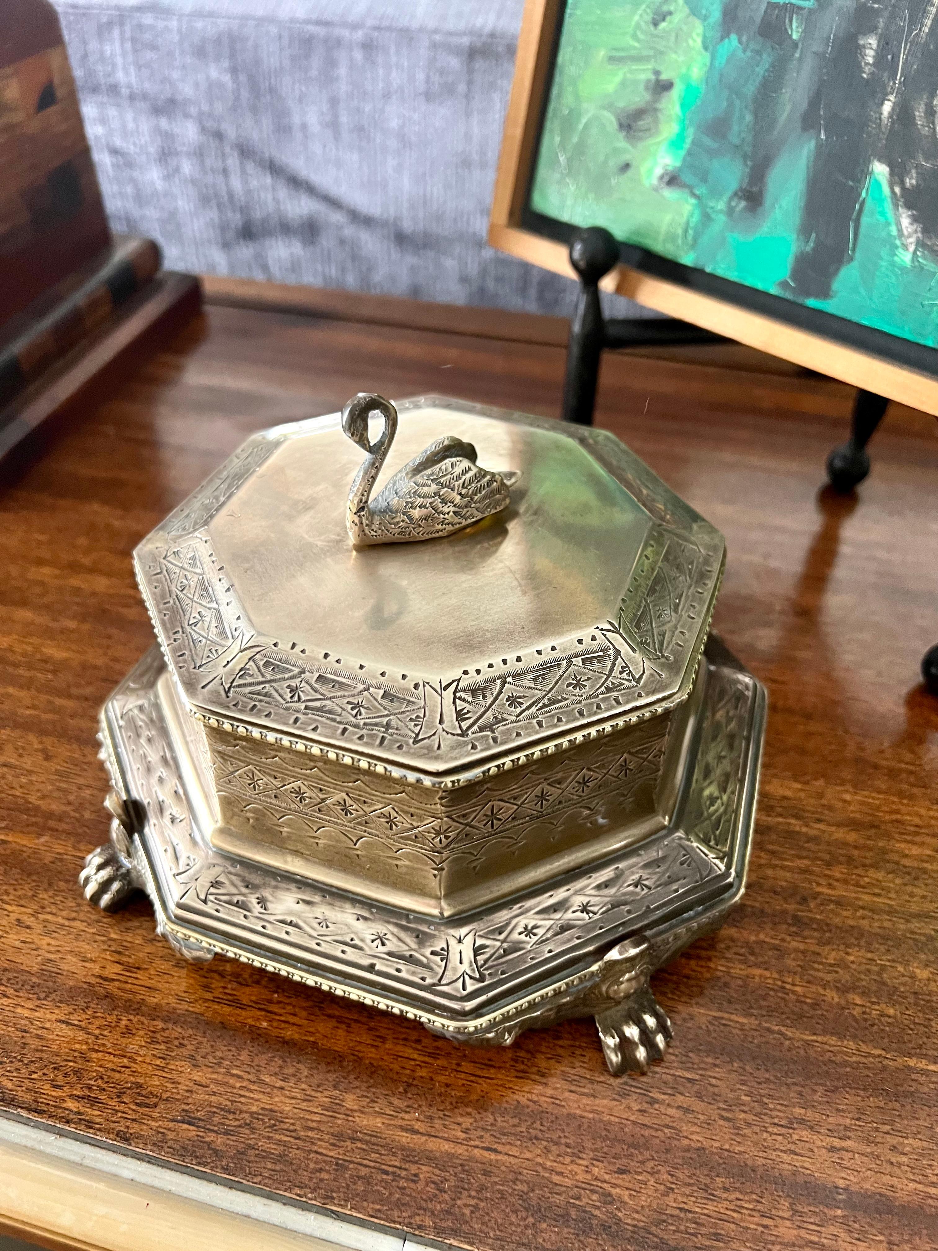 Brass Trinket Box with Lion Paw Feet and Swan Handle In Good Condition In Los Angeles, CA