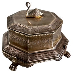 Brass Trinket Box with Lion Paw Feet and Swan Handle
