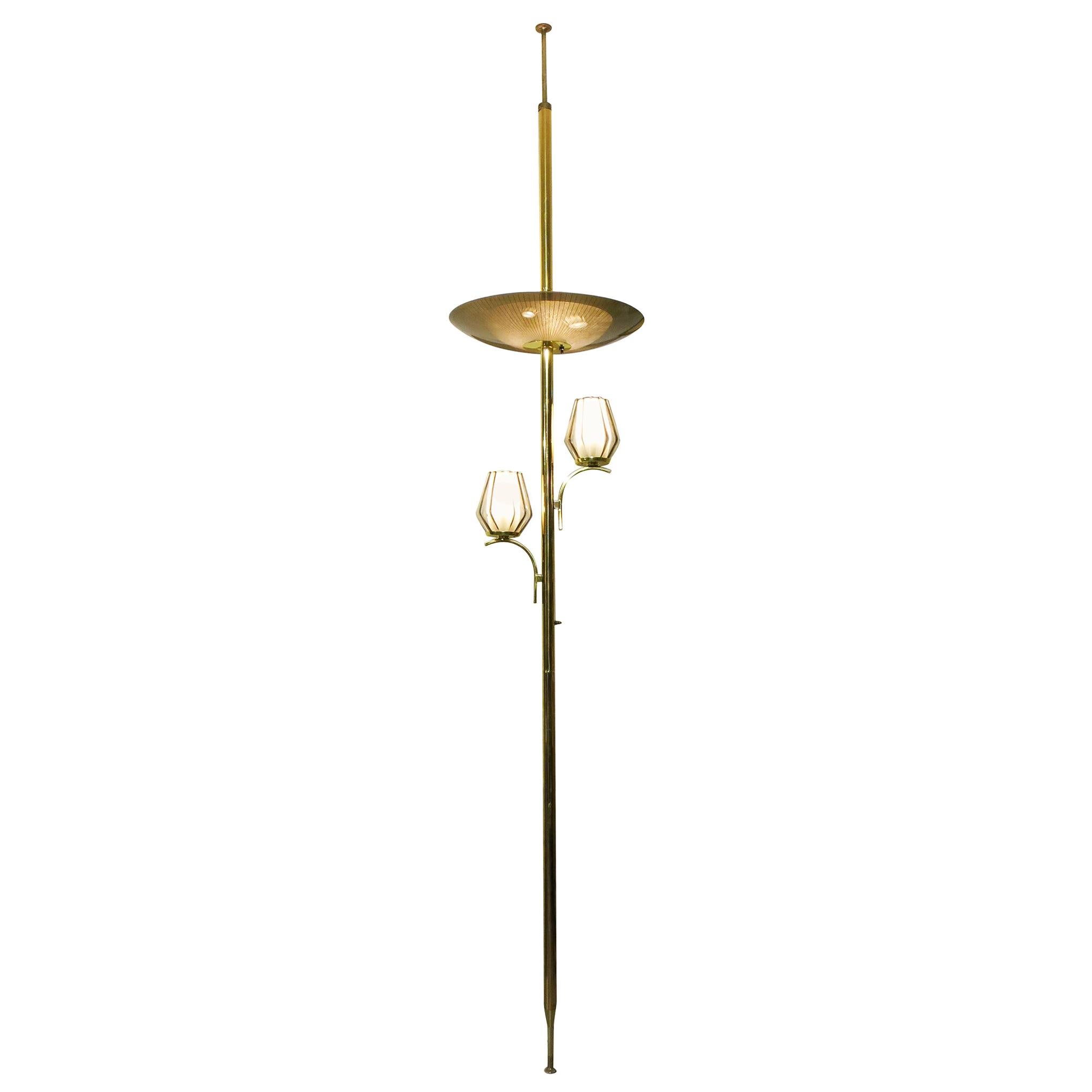Brass Triple Light Floor to Ceiling Tension Pole Lamp  