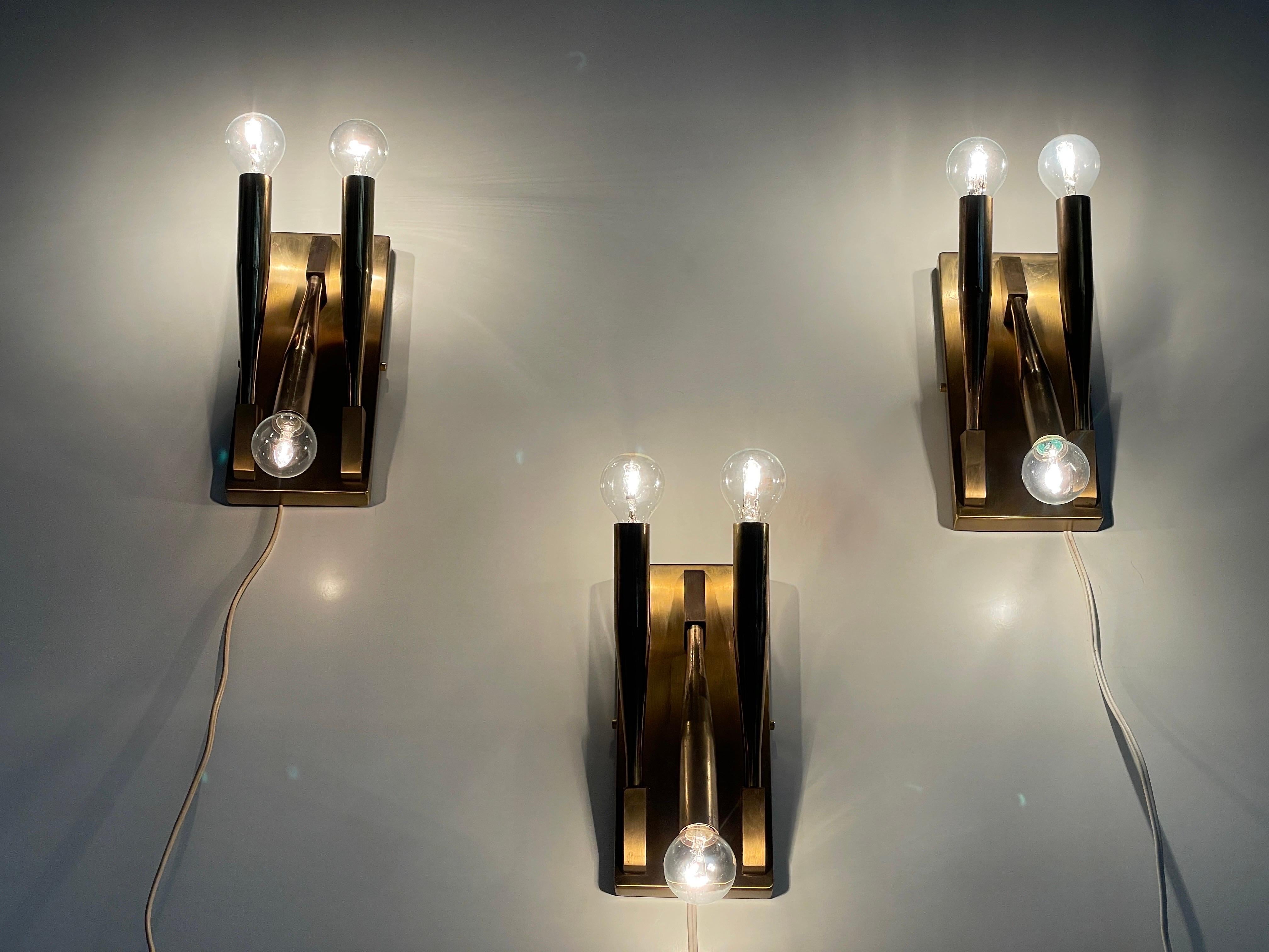 Brass Triple Tube Shades Set of 3 Sconces Attributed Gio Ponti, 1950s, Italy For Sale 4