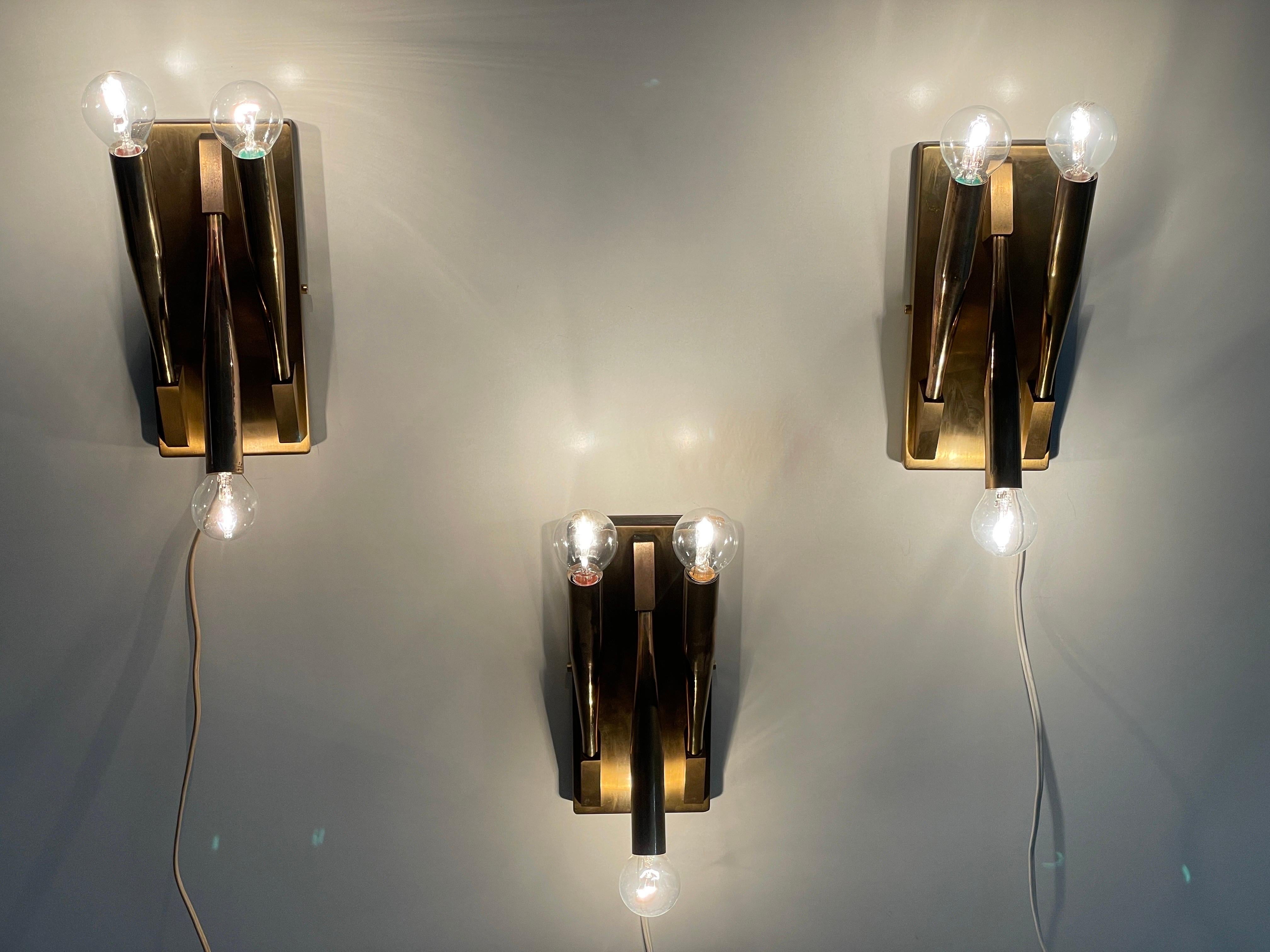 Brass Triple Tube Shades Set of 3 Sconces Attributed Gio Ponti, 1950s, Italy For Sale 5