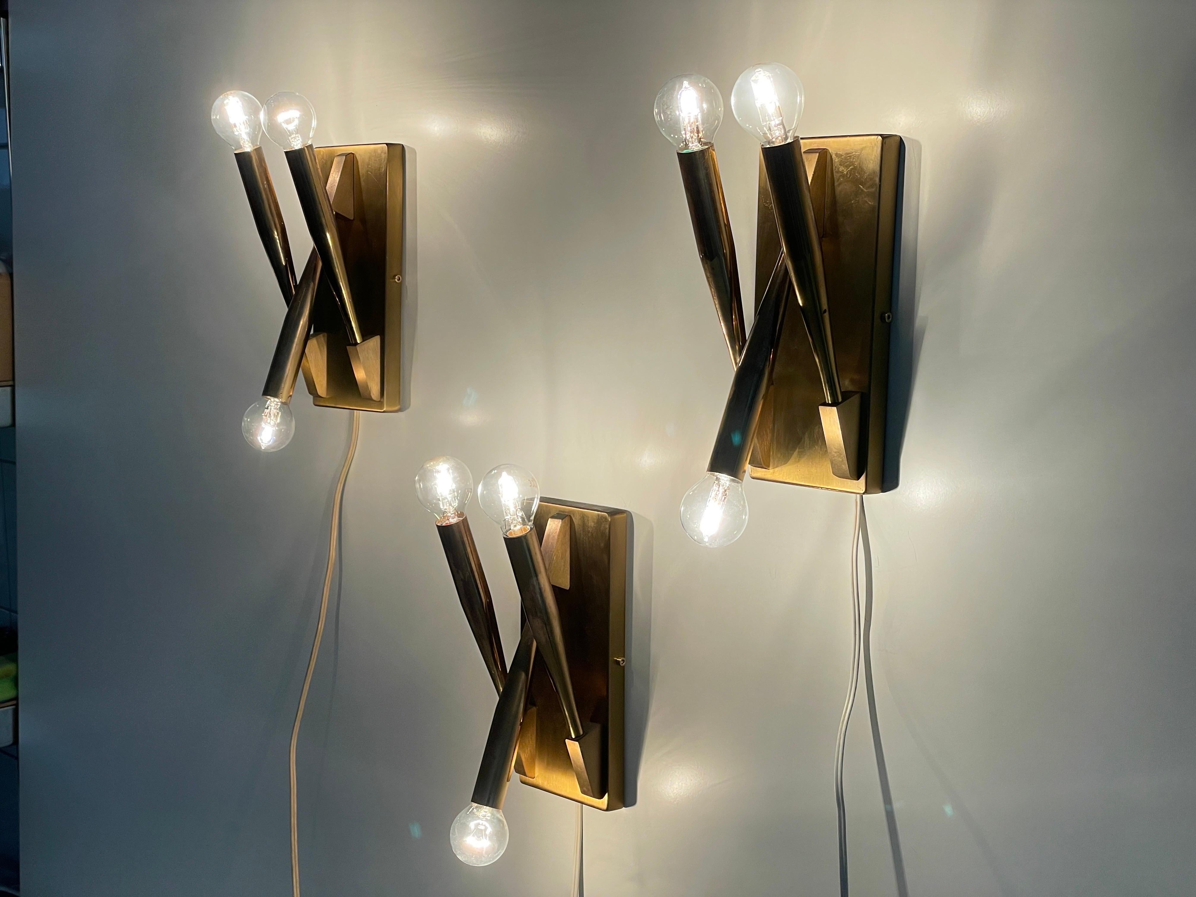 Brass Triple Tube Shades Set of 3 Sconces Attributed Gio Ponti, 1950s, Italy For Sale 6