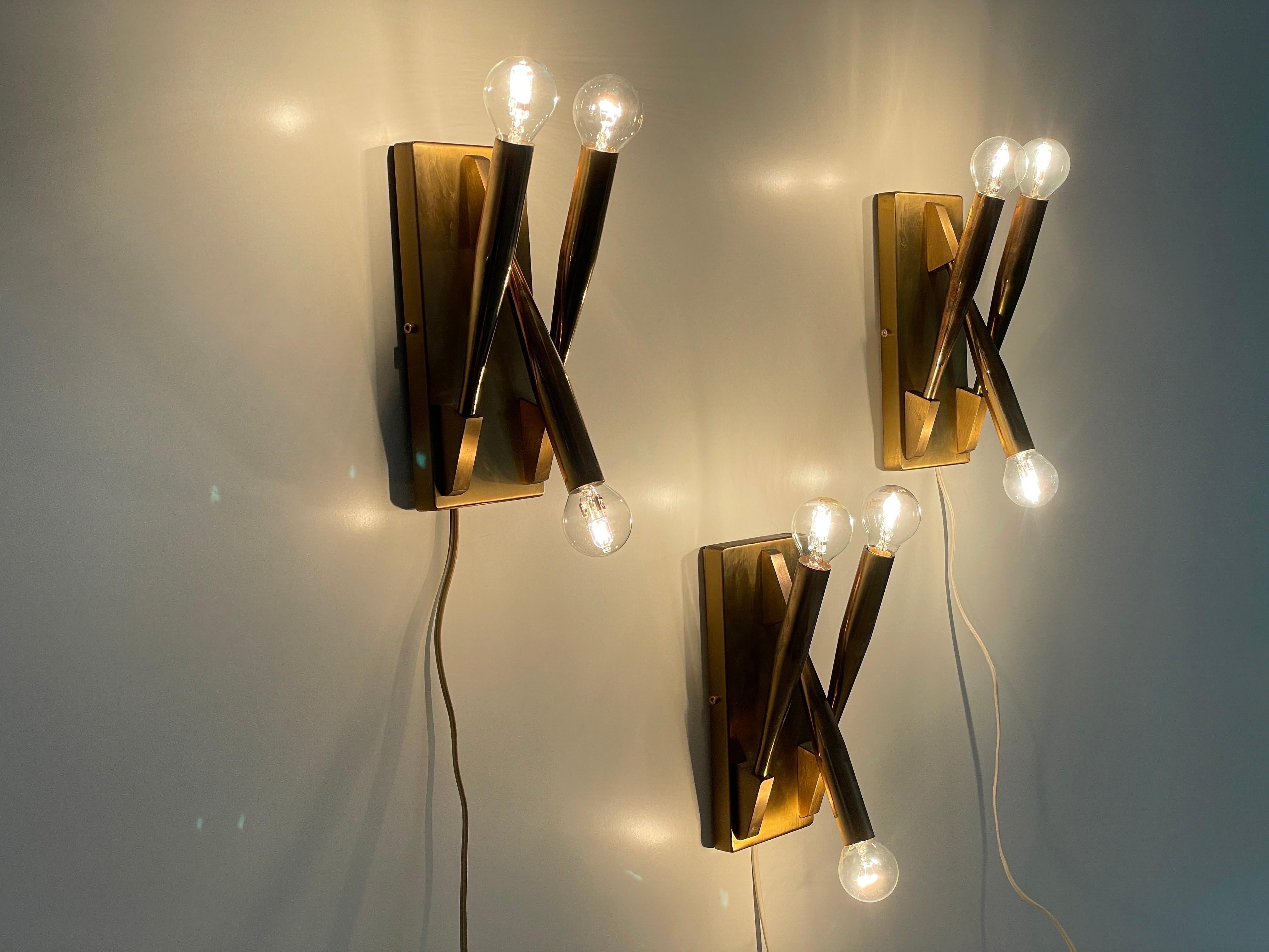 Brass Triple Tube Shades Set of 3 Sconces Attributed Gio Ponti, 1950s, Italy For Sale 7