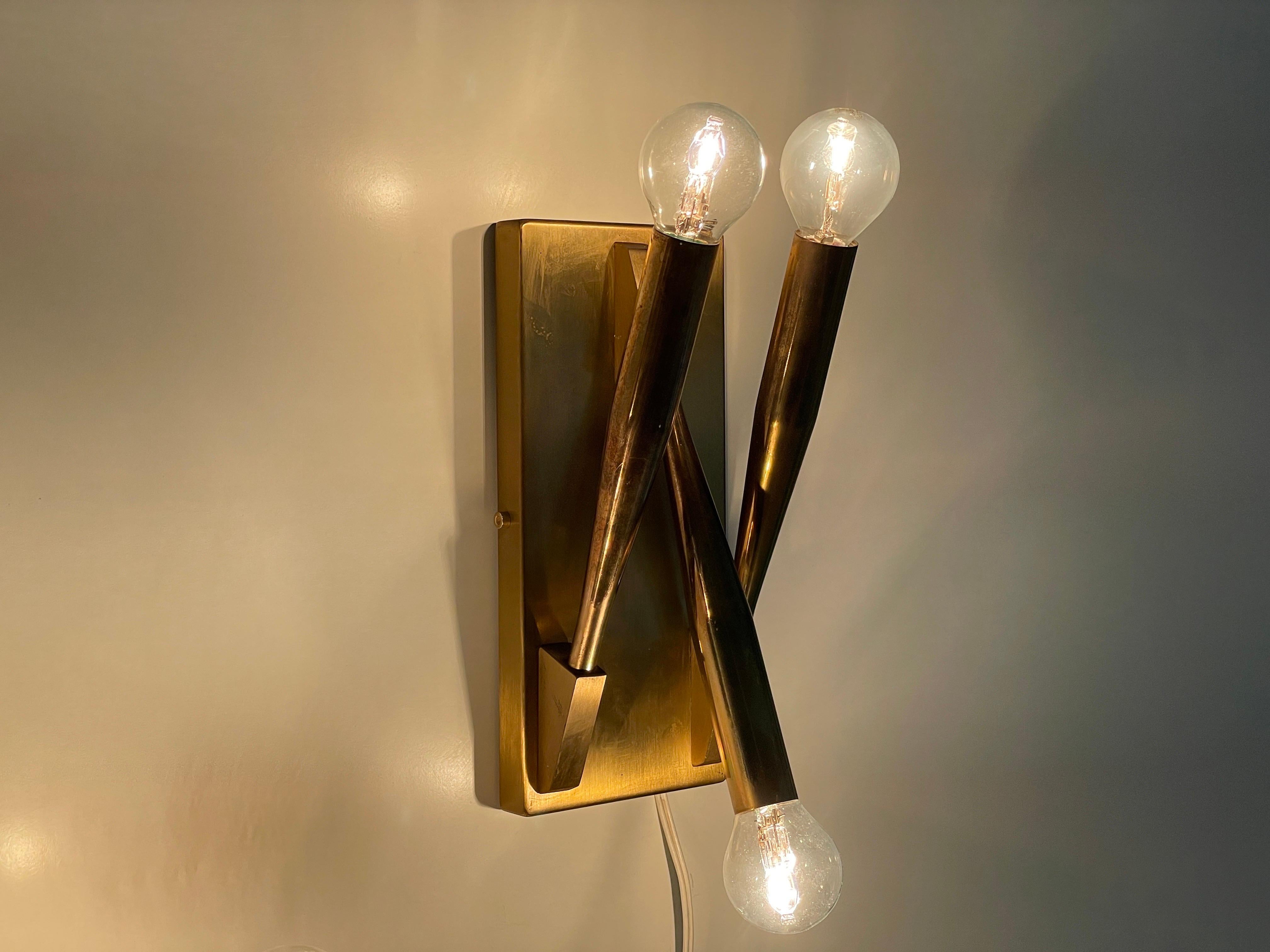 Brass Triple Tube Shades Set of 3 Sconces Attributed Gio Ponti, 1950s, Italy For Sale 8