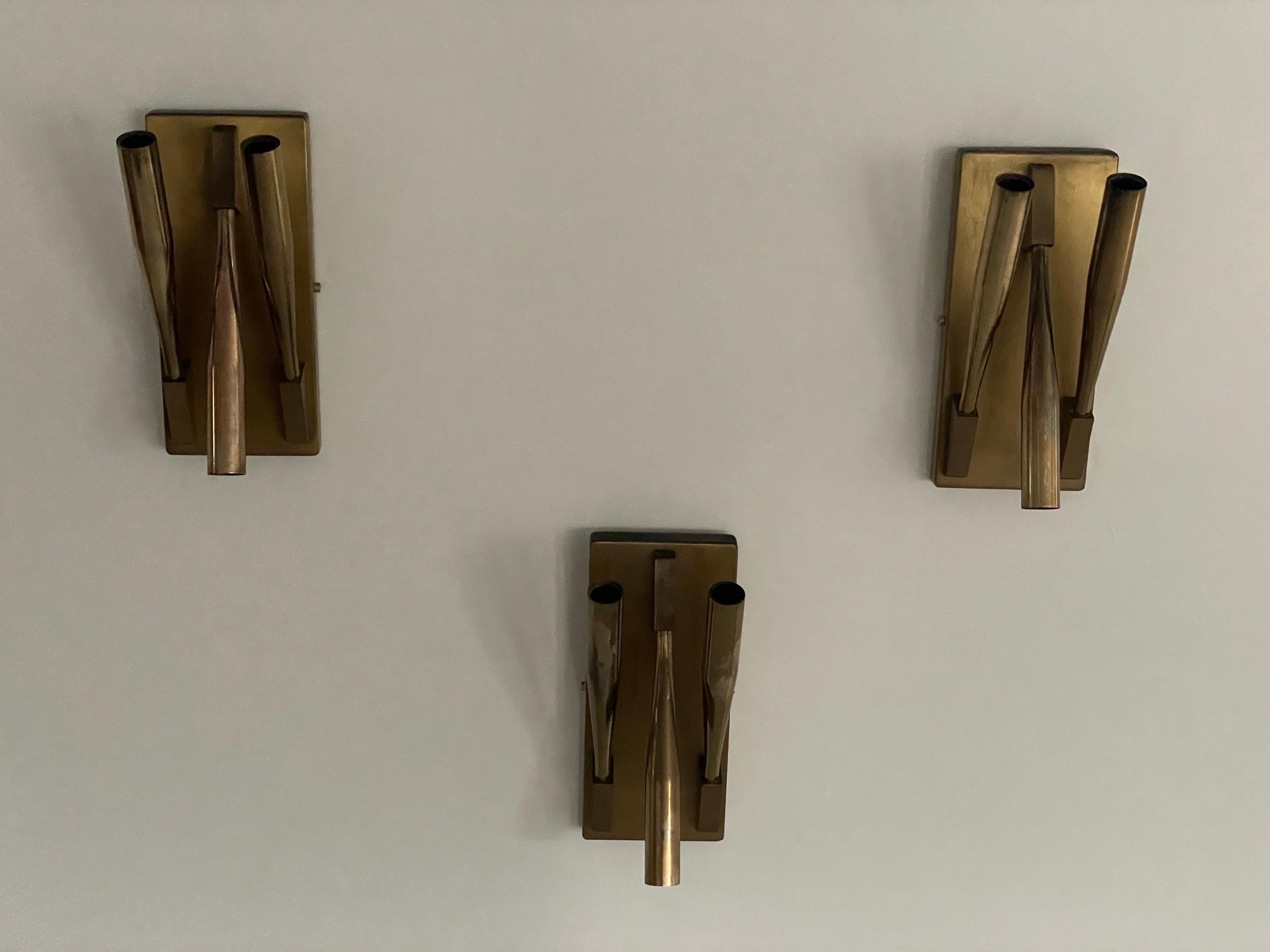 Mid-Century Modern Brass Triple Tube Shades Set of 3 Sconces Attributed Gio Ponti, 1950s, Italy For Sale