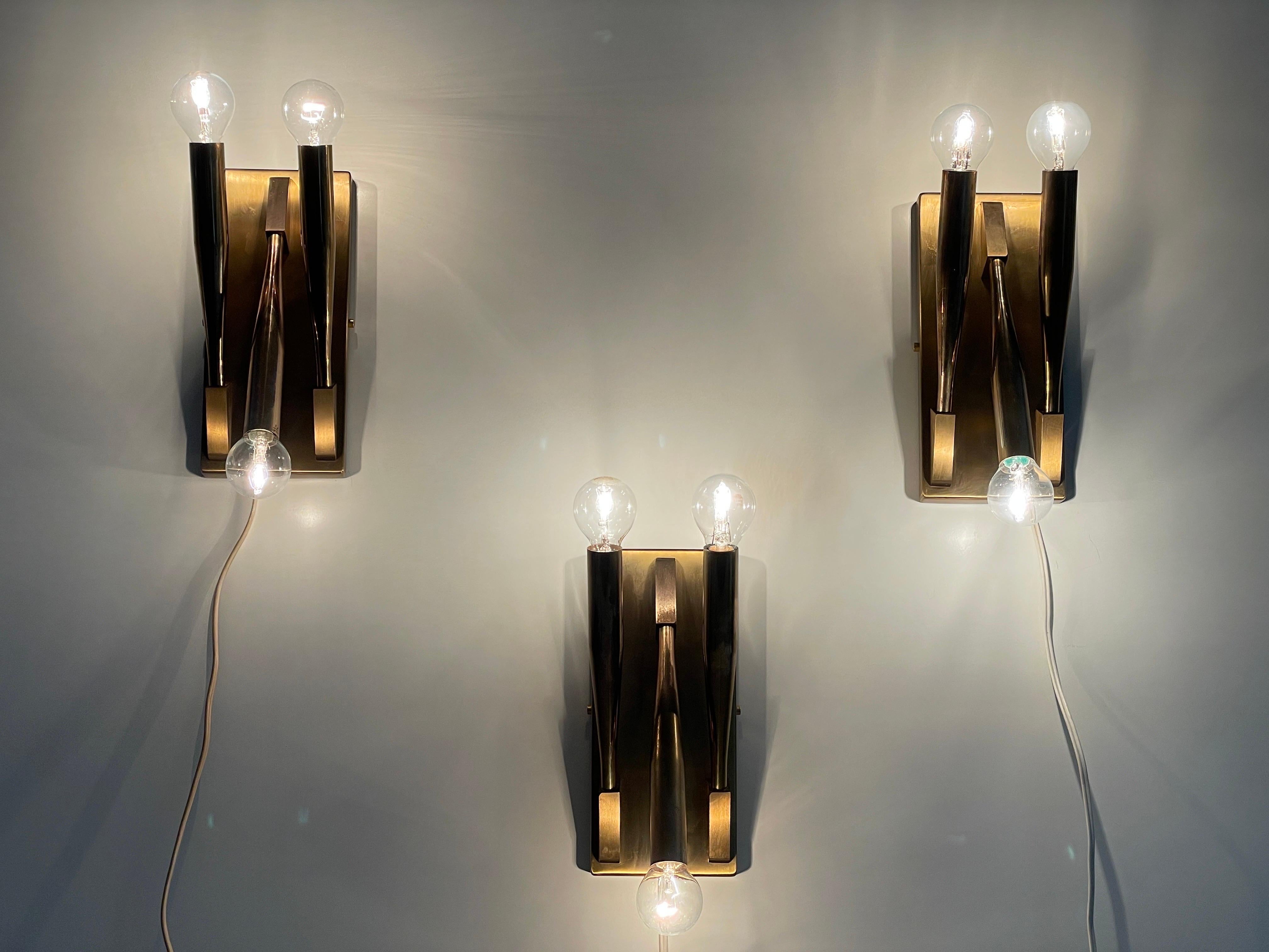 Brass Triple Tube Shades Set of 3 Sconces Attributed Gio Ponti, 1950s, Italy For Sale 3