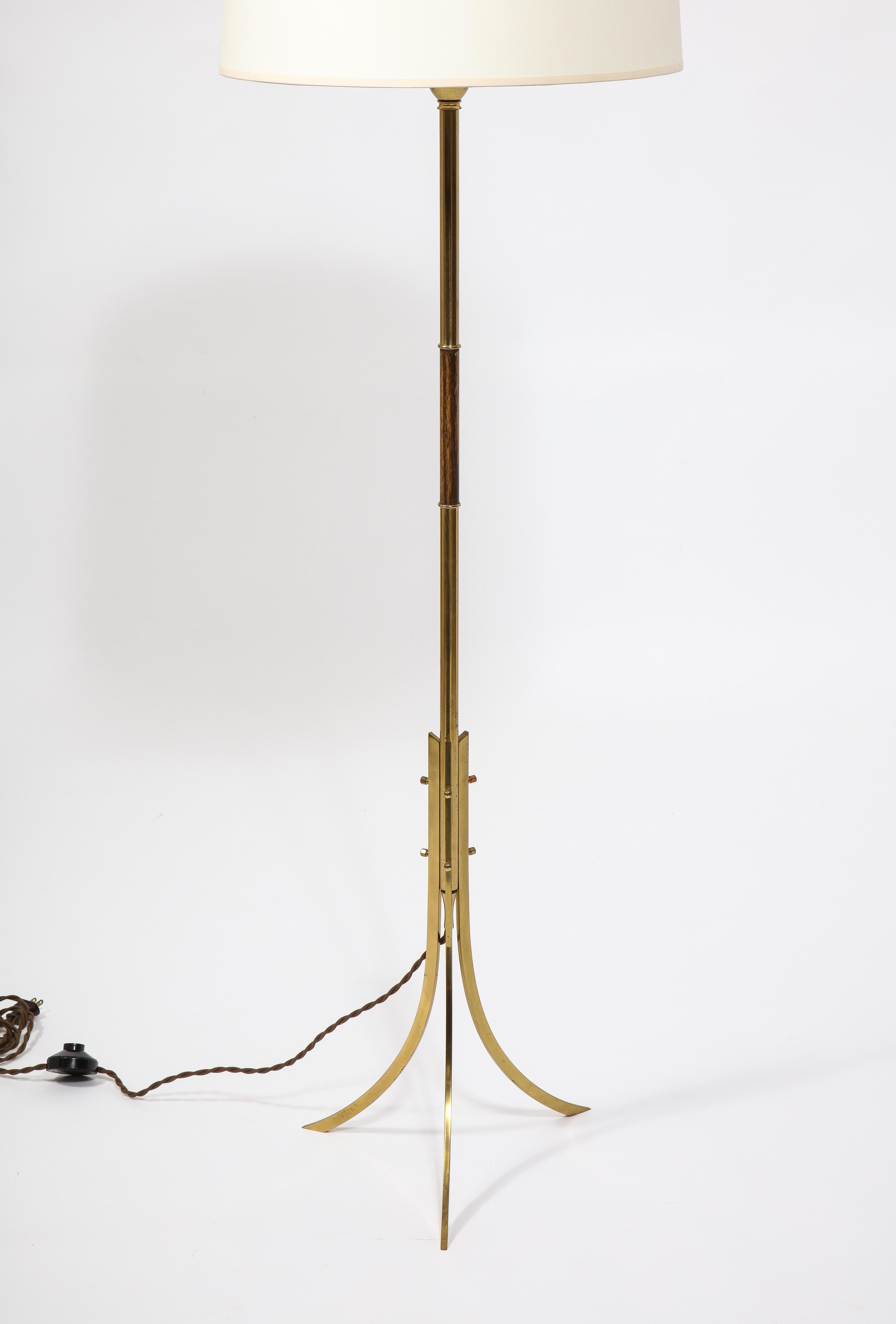 Mid-Century Modern Brass Tripod Floor Lamp, France 1950's For Sale