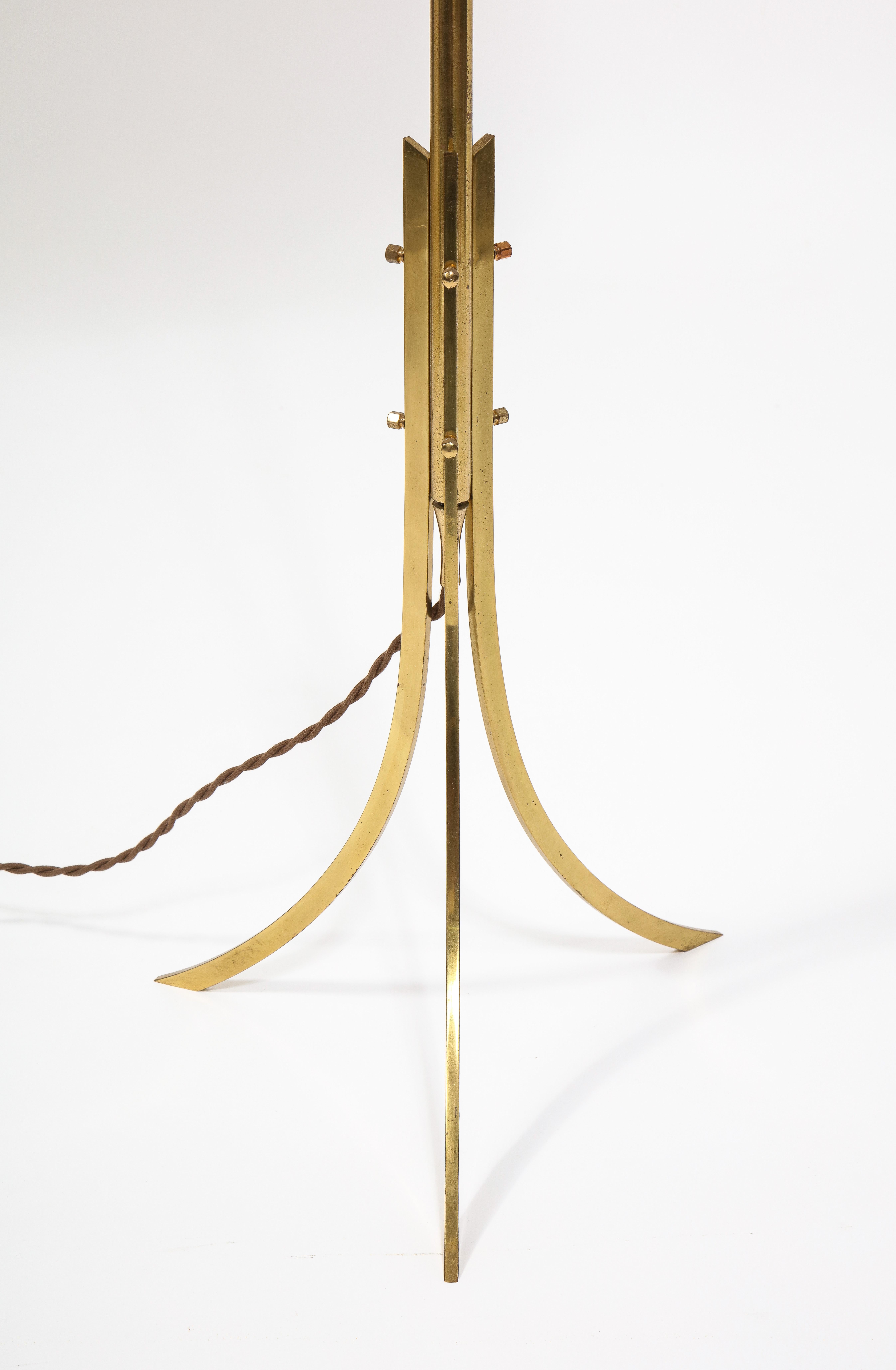 European Brass Tripod Floor Lamp, France 1950's For Sale