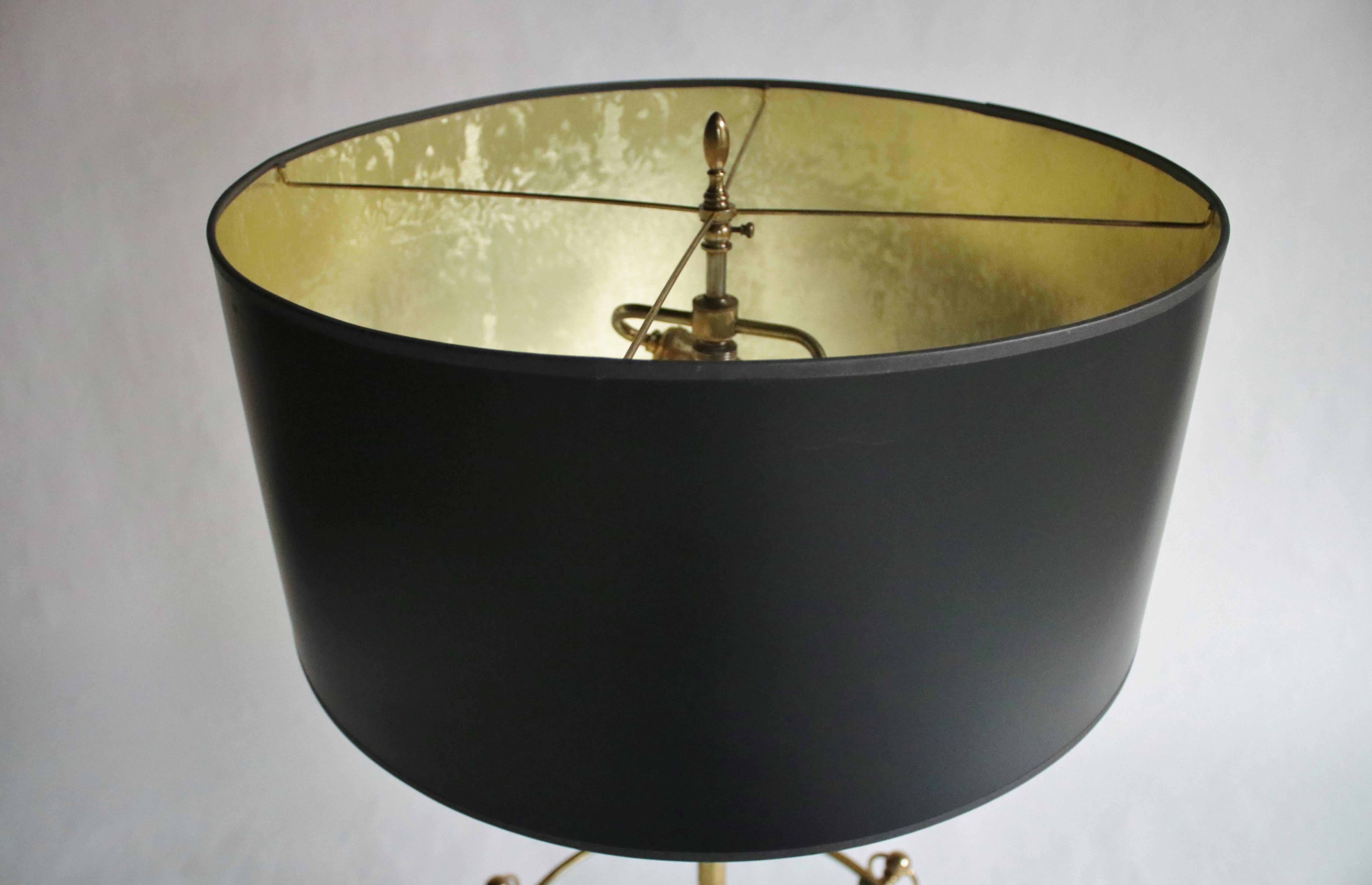 Hollywood Regency Brass Tripod Floor Lamp with Custom Shade For Sale