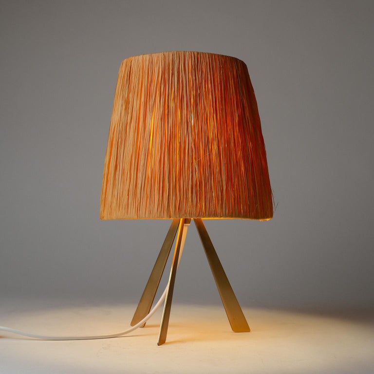 Mid-Century Modern Brass Tripod Table Lamp with Raffia Shade, 1960s For Sale