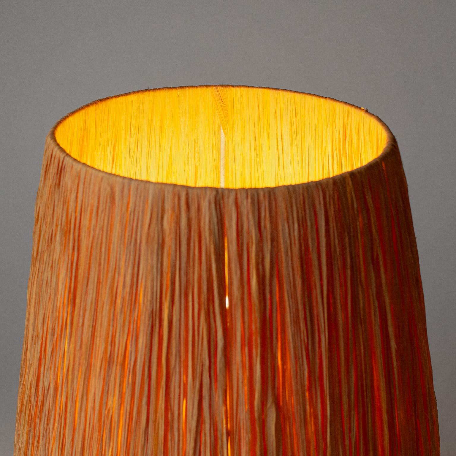 German Brass Tripod Table Lamp with Raffia Shade, 1960s