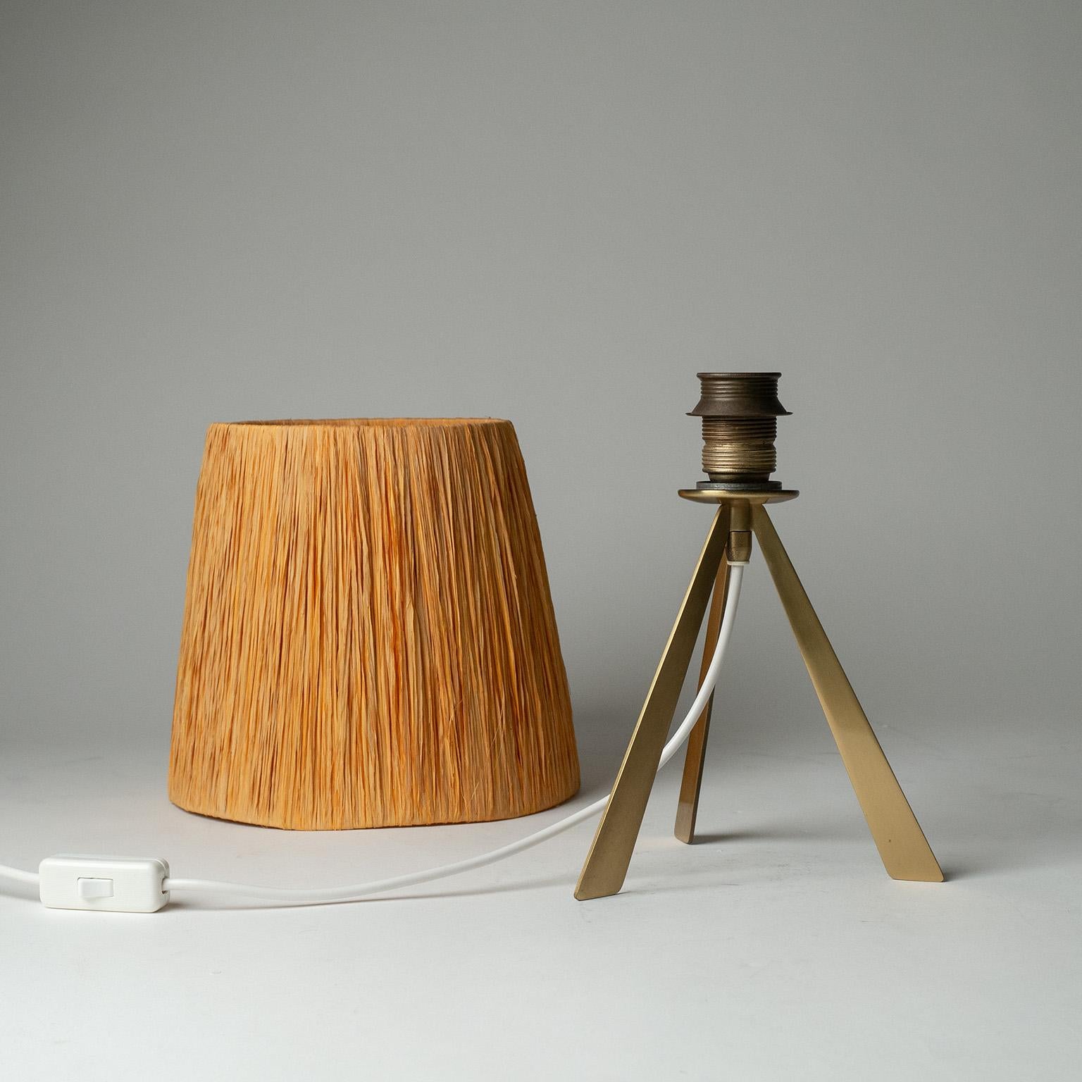 Mid-20th Century Brass Tripod Table Lamp with Raffia Shade, 1960s