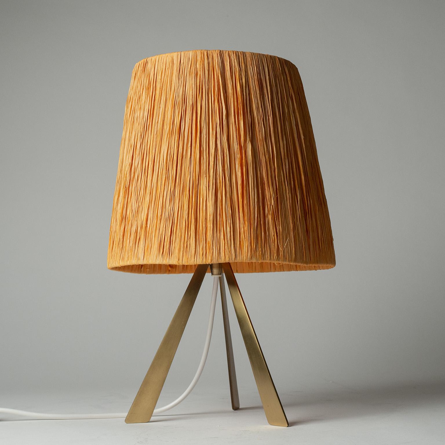 Brass Tripod Table Lamp with Raffia Shade, 1960s 1