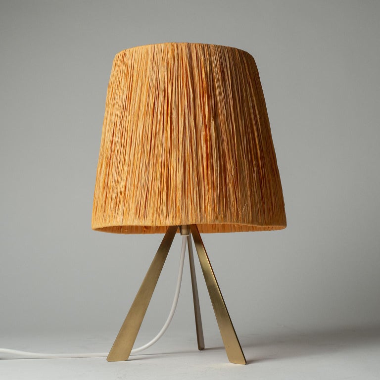Brass Tripod Table Lamp with Raffia Shade, 1960s For Sale 1
