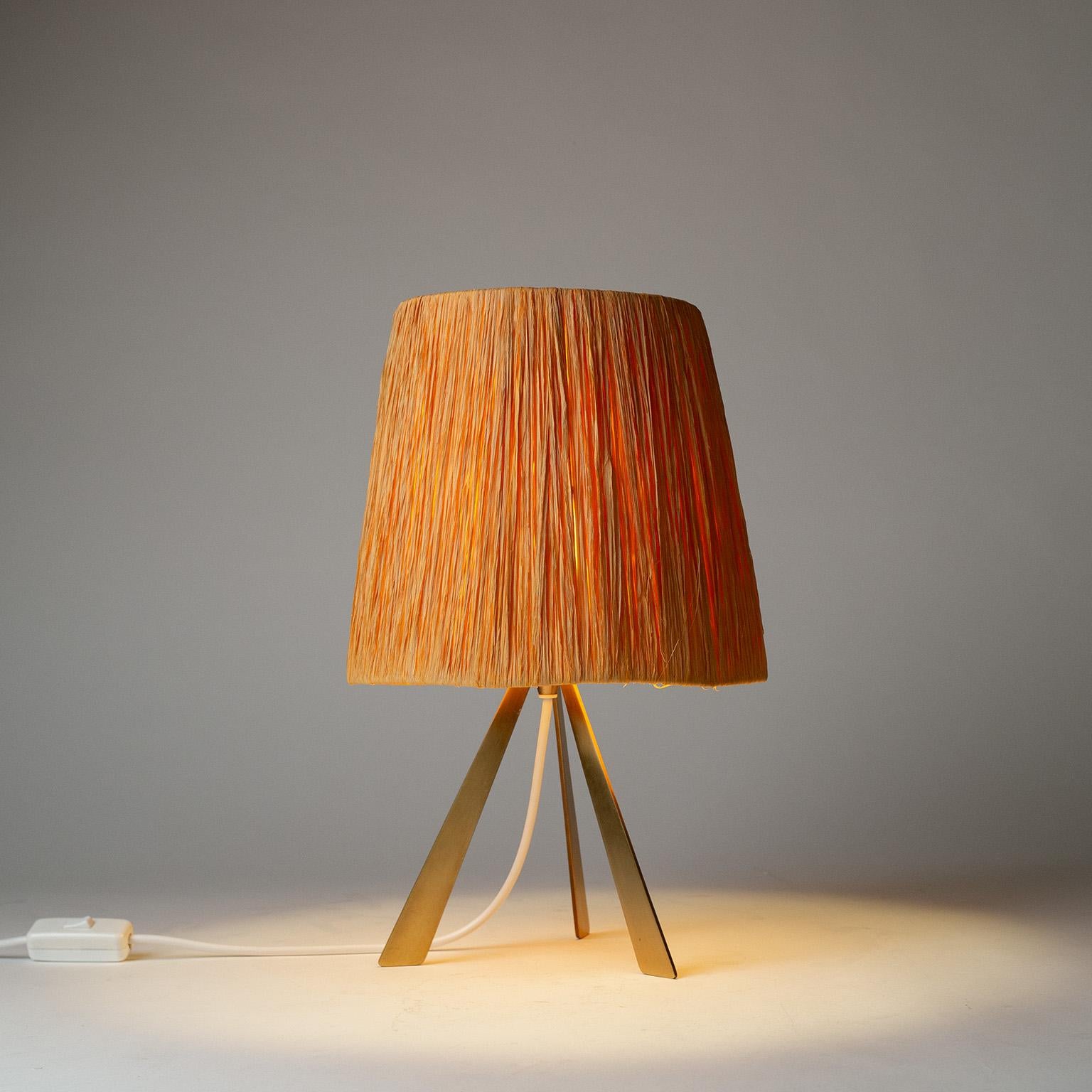 Brass Tripod Table Lamp with Raffia Shade, 1960s 2