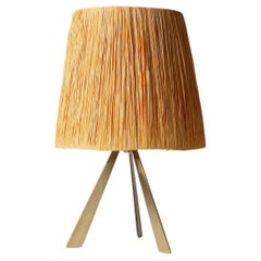 Brass Tripod Table Lamp with Raffia Shade, 1960s