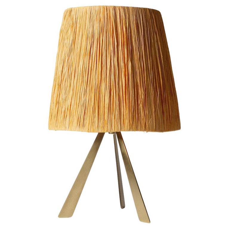 Brass Tripod Table Lamp with Raffia Shade, 1960s For Sale