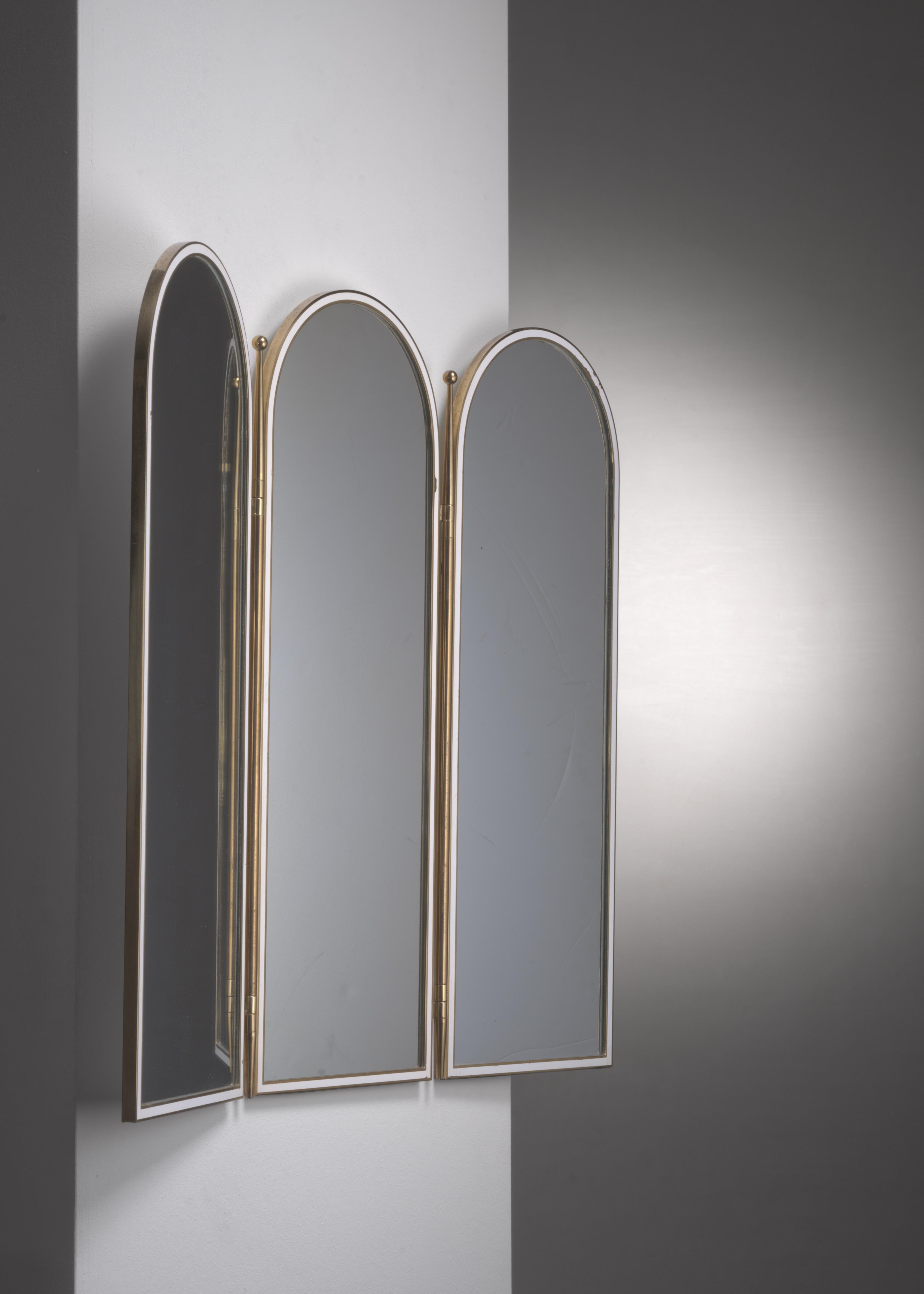Mid-Century Modern Brass triptych wall mirror For Sale