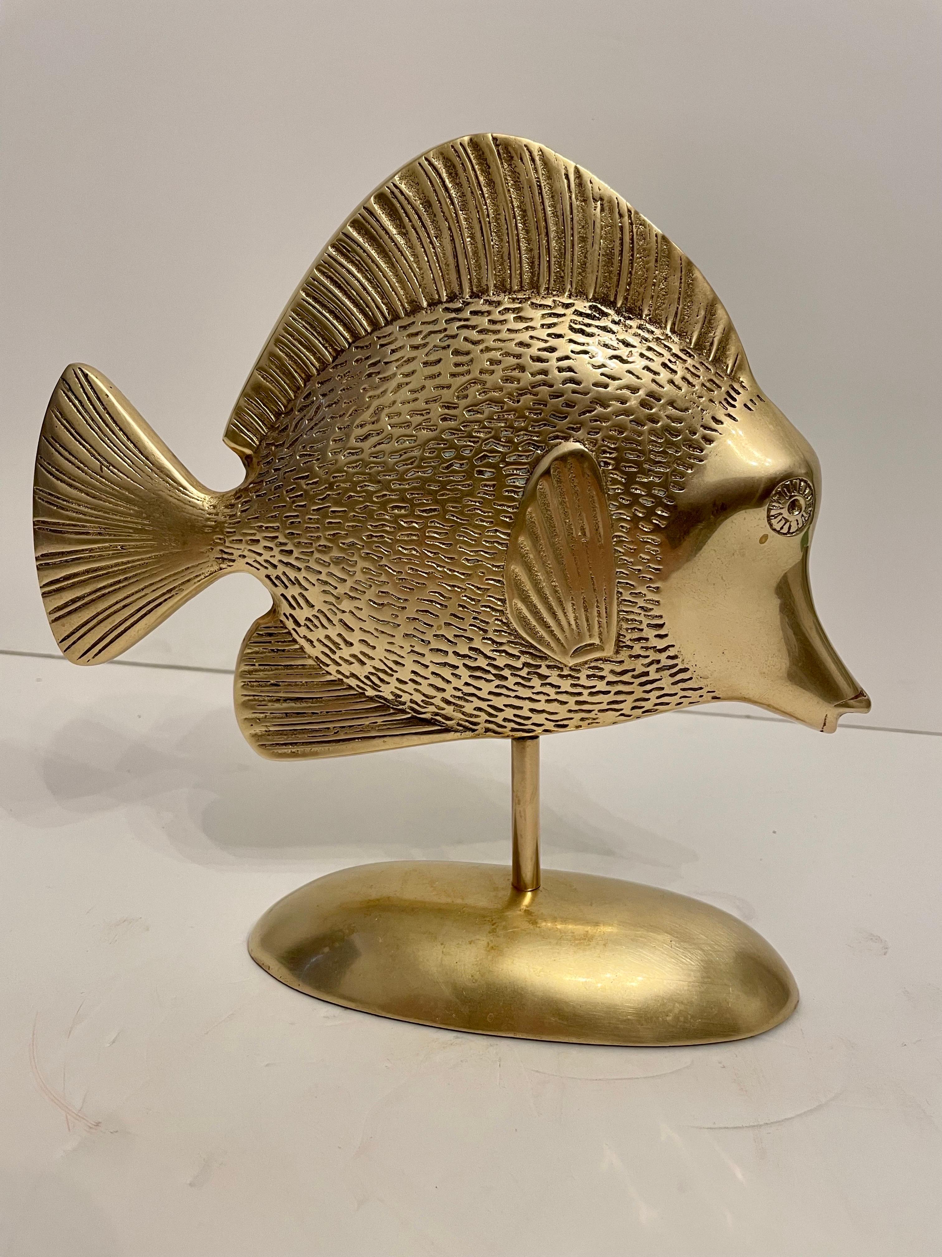 Hollywood Regency Brass Tropical Fish Sculpture on Stand