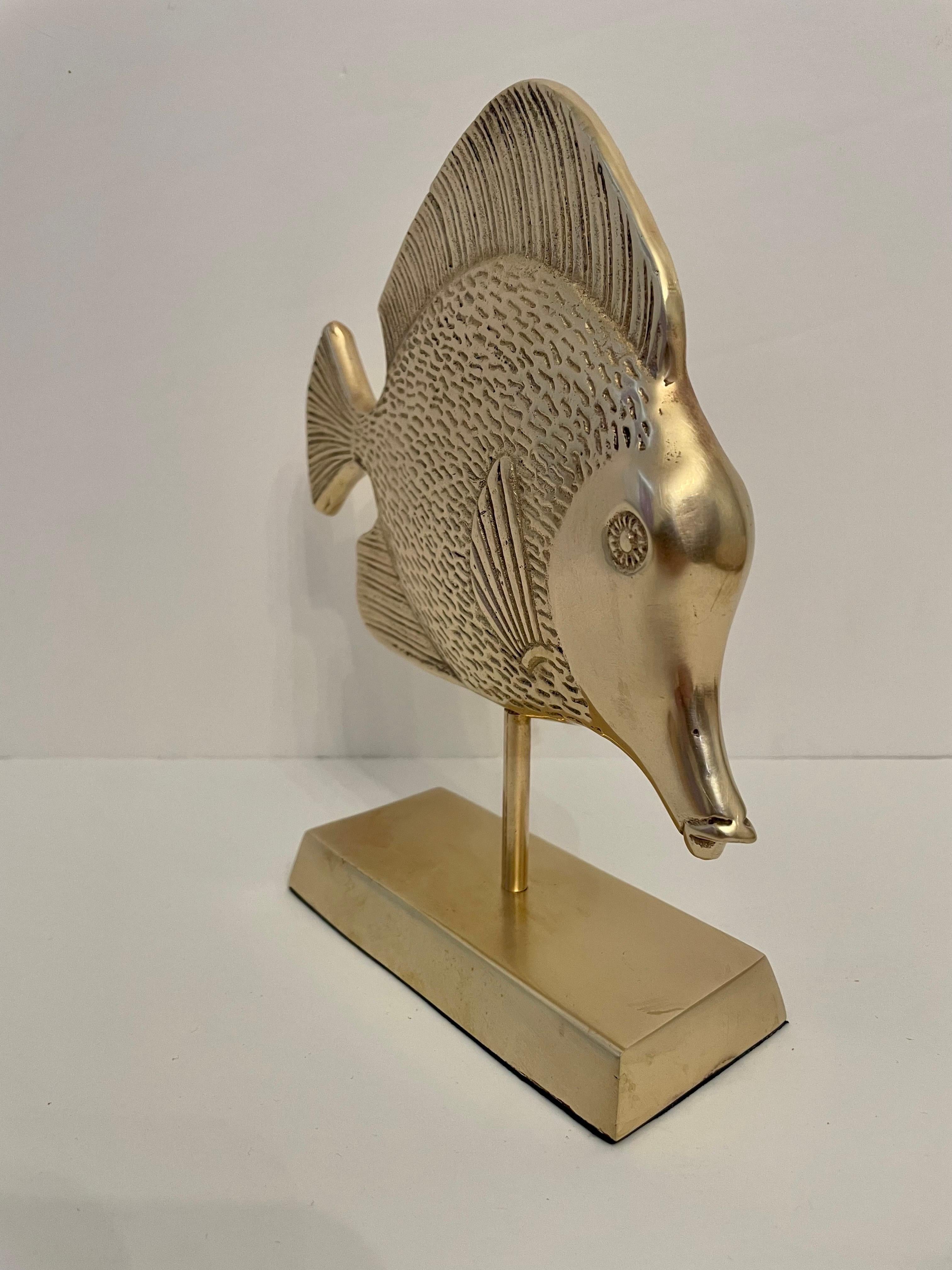Hollywood Regency Brass Tropical Tang Fish Sculpture on Stand For Sale