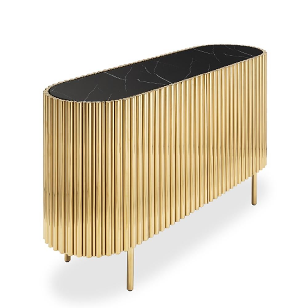 Sideboard Brass Tubes Oval with steel structure in gold
finish and with black resin marble top. With 2 doors and 1 shelf.