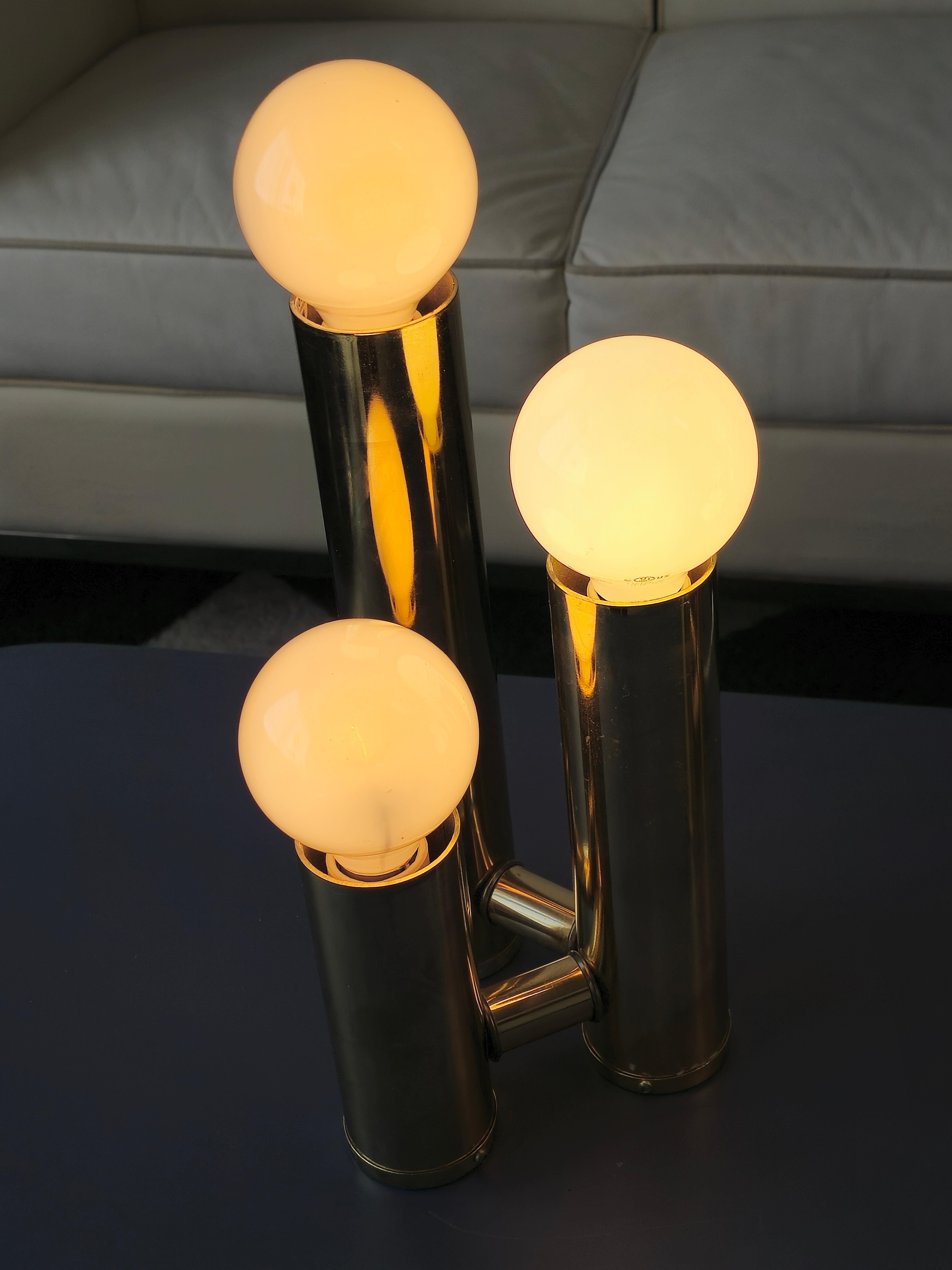Brass Tubular Three Tier Brass Table Lamp In Fair Condition In Toronto, ON